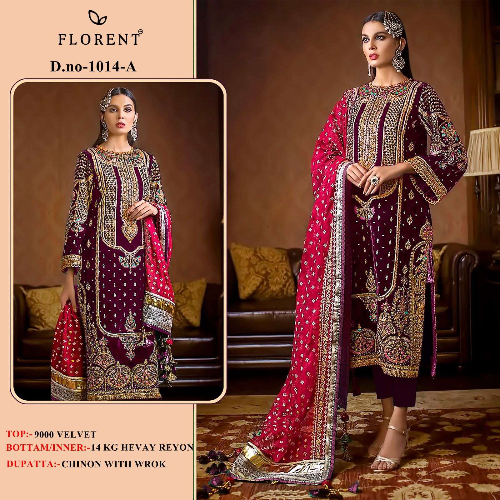 FLORENT 1014 SERIES PURE 9000 VELVET HEAVY EMBROIDERY PAKISTANI DRESSES-00062