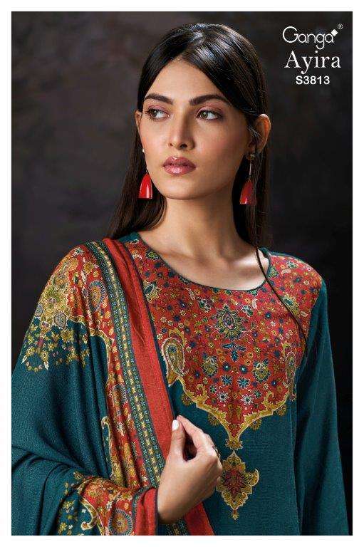 GANGA FASHION AYIRA 3813-A TO 3813-D SERIES PURE PASHIMINA PRINTED EMBROIDERY DRESSES-00252