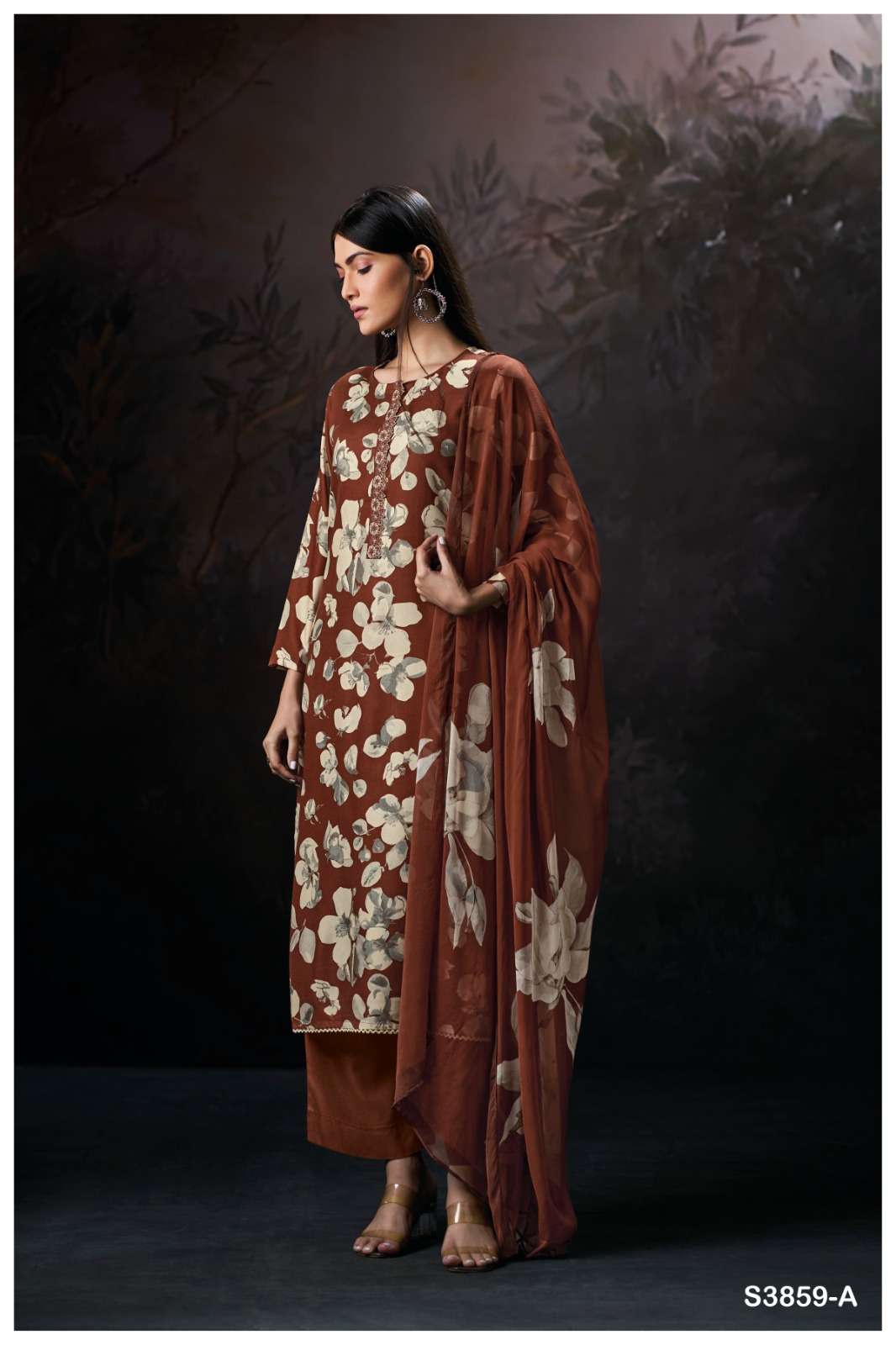 GANGA FASHION CASSIE 3859-A TO 3859-D SERIES PURE PASHMINA PRINTED EMBROIDERY DRESSES-00252