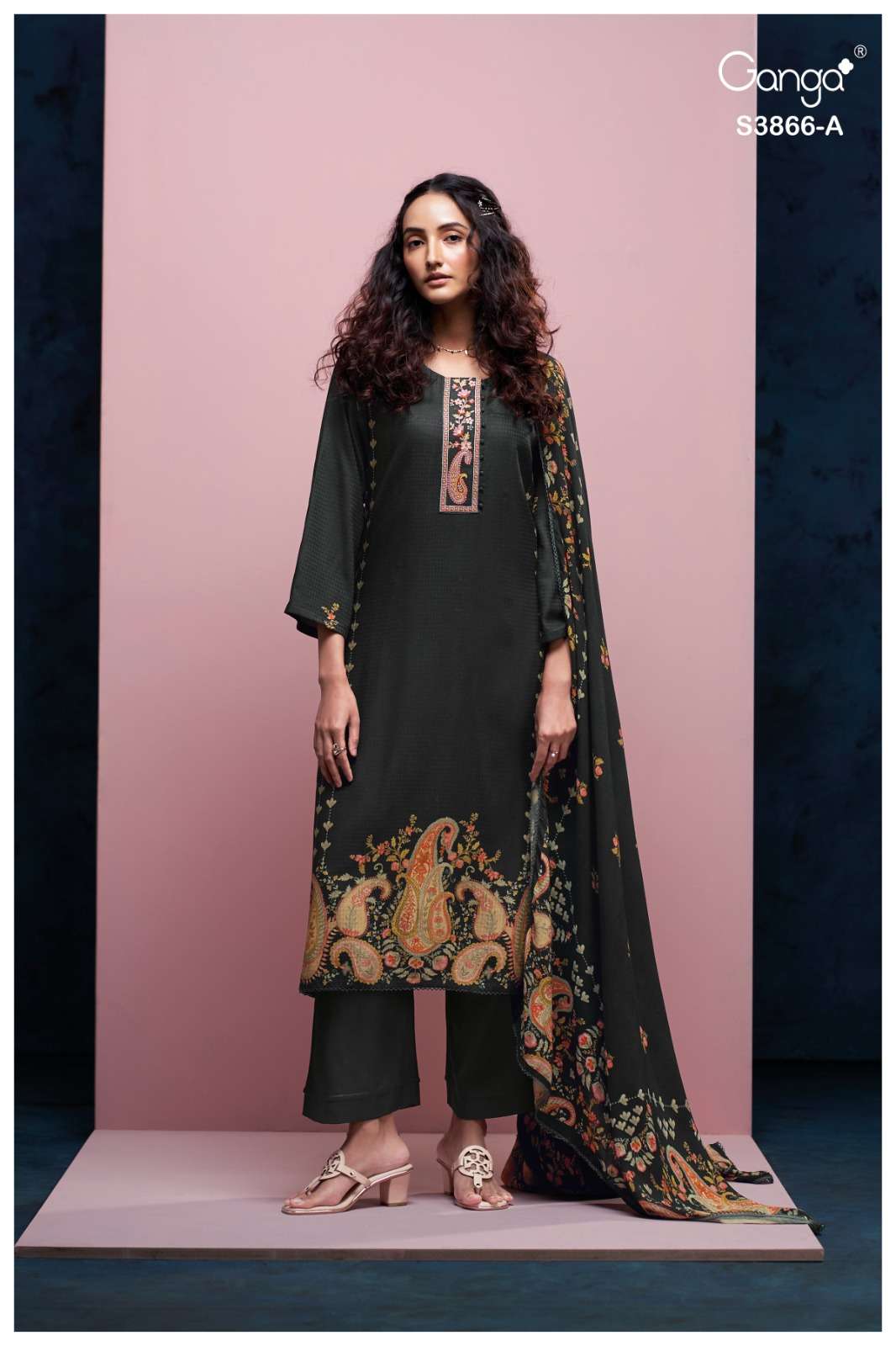 GANGA FASHION CHIARA S-3866 A TO D SERIES PURE PASHMINA PRINTED DRESSES-00252
