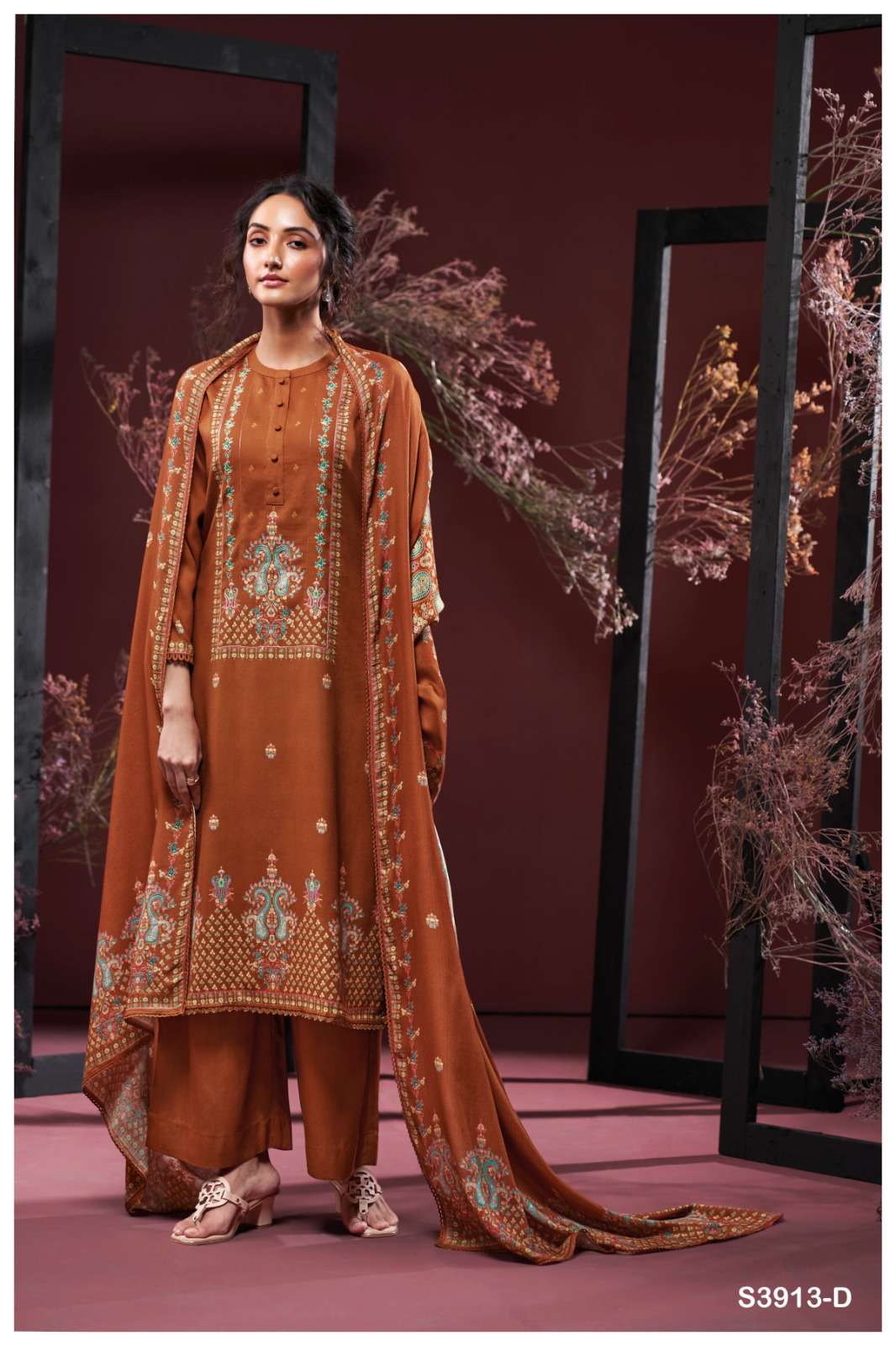 GANGA FASHION GULNAZ 3913-A TO 3913-D SERIES PURE PASHMINA PRINTED EMBROIDERY PAKISTANI DRESSES-0025...