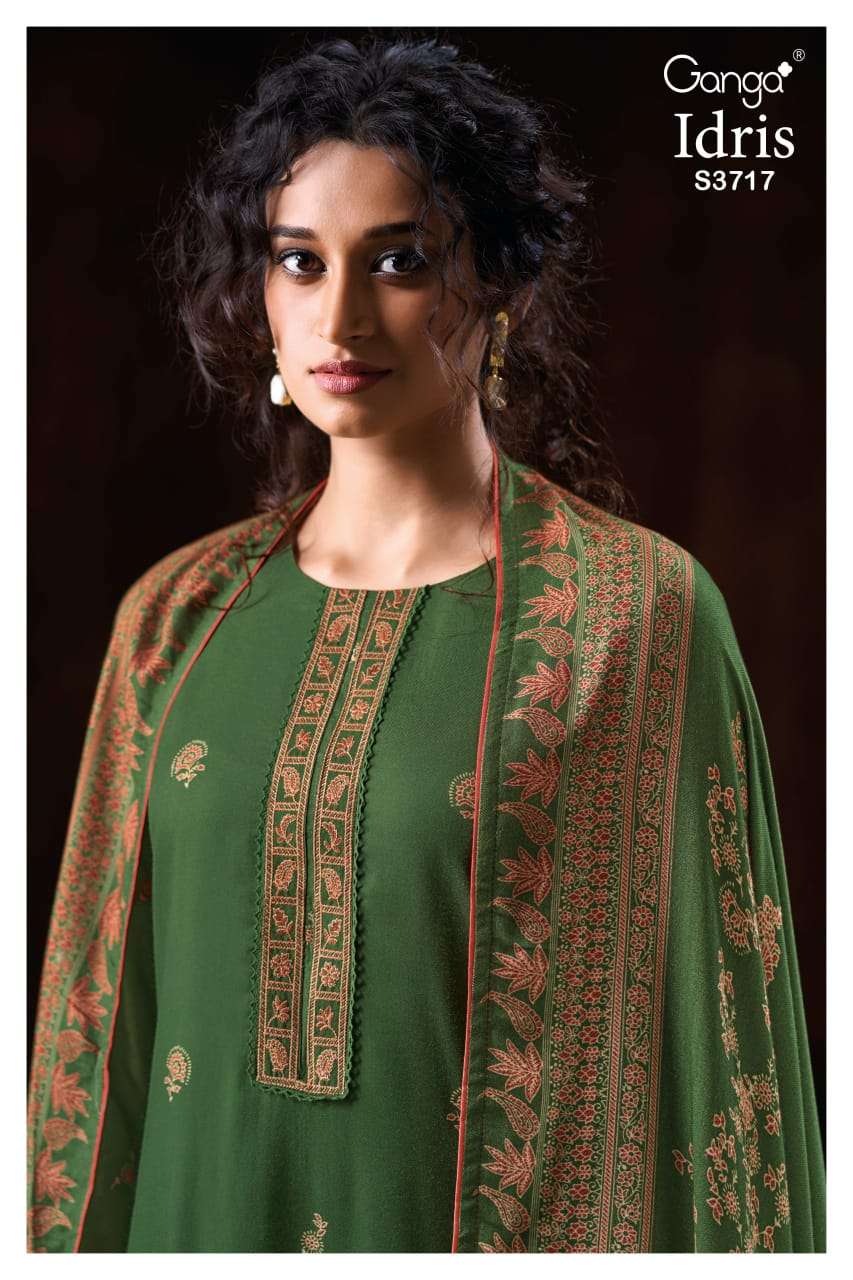GANGA FASHION IDRIS 3717-A TO 3717-D SERIES PURE PASHMINA PRINTED EMBROIDERY DRESSES-00252