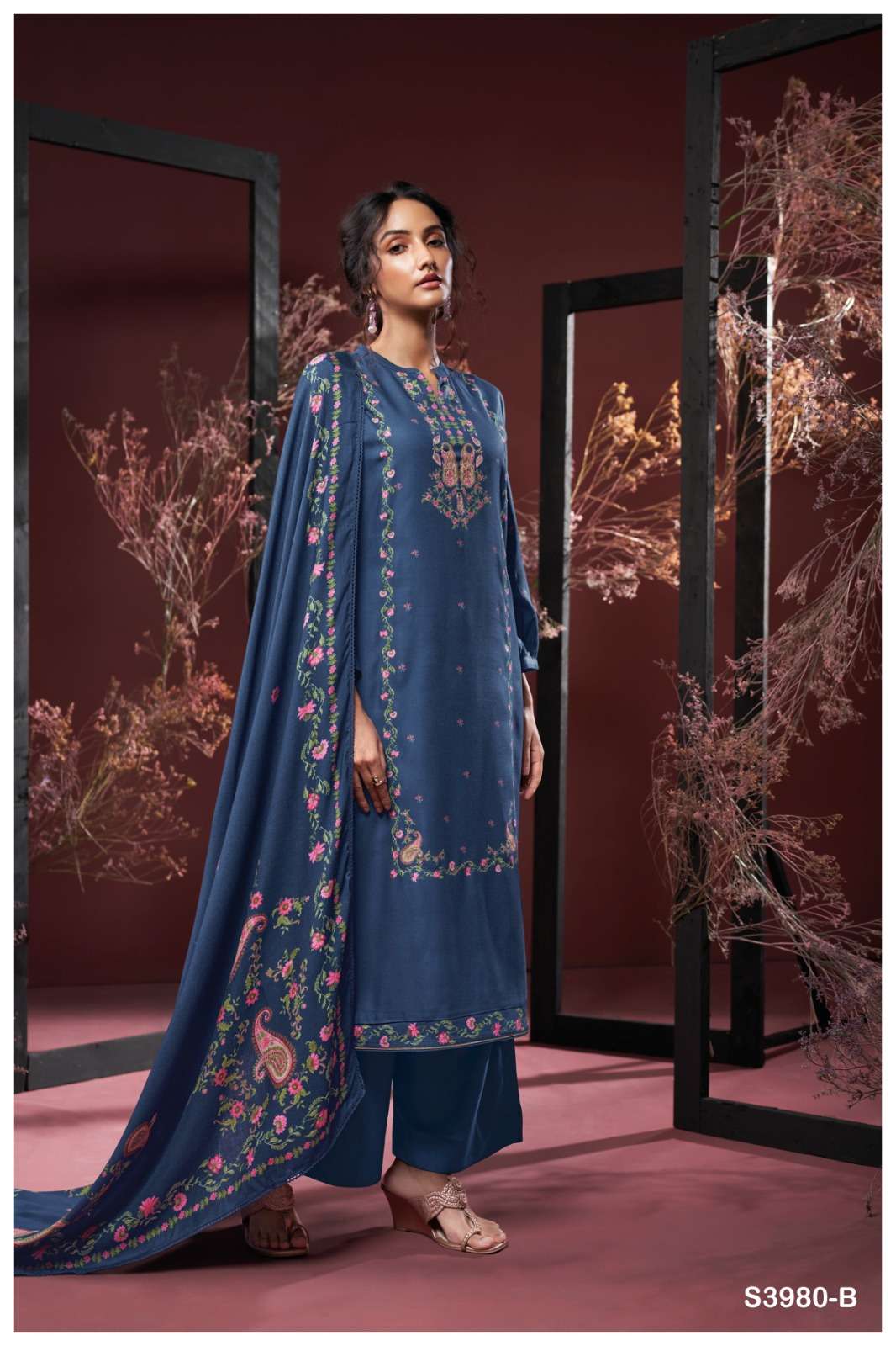 GANGA FASHION JANUSHI S-3980 A TO D SERIES  PURE PASHMINA PRINTED DRESSES-00252