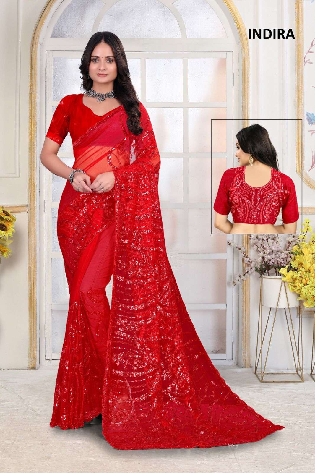 INDIRA BY ASLIWHOLESALE DESIGNER PURE SOFT NET EMBROIDERY SAREES-00103