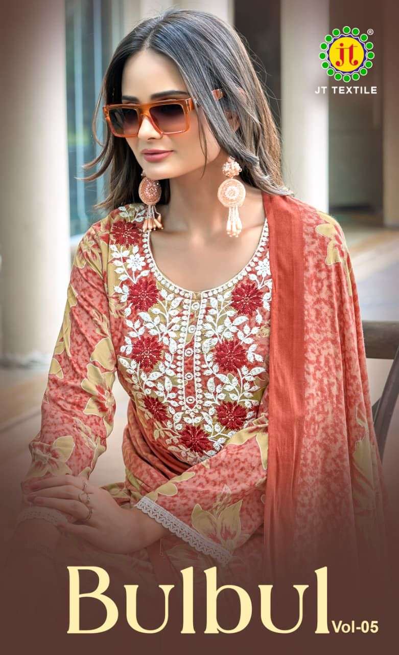 JT TEXTILE BULBUL VOL-05 PURE RAYON PRINTED EMBROIDERY PAKISTANI DRESSES-00062