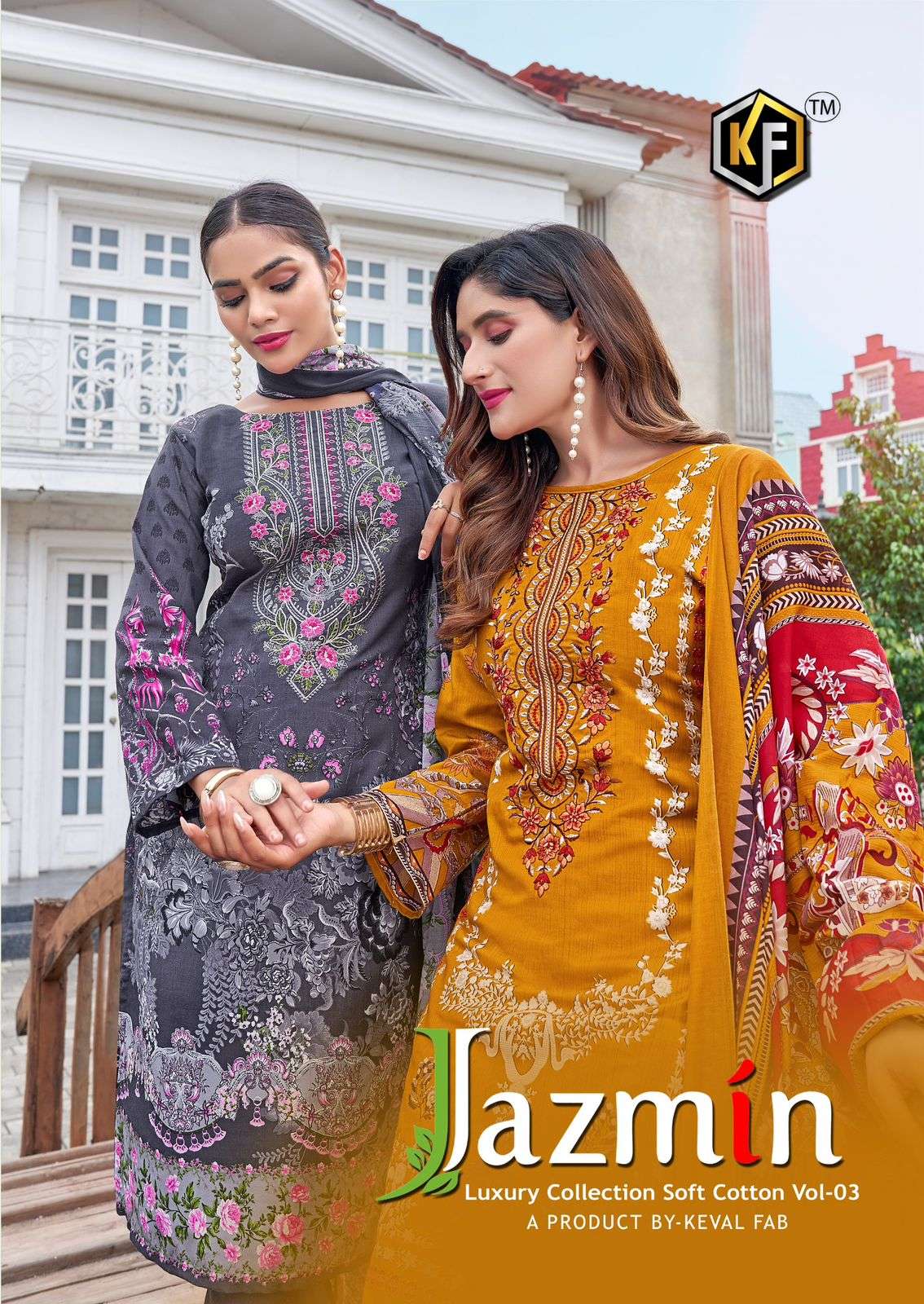 KEVAL FAB JAZMIN VOL-03 3001 TO 3006 SERIES PURE COTTON EMBROIDERY PAKISTANI DRESSES-00201
