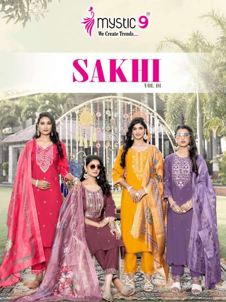 MYSTIC9 SAKHI VOL-01 1001 TO 1008 SERIES PURE ROMAN SILK EMBROIDERY DRESSES-00140