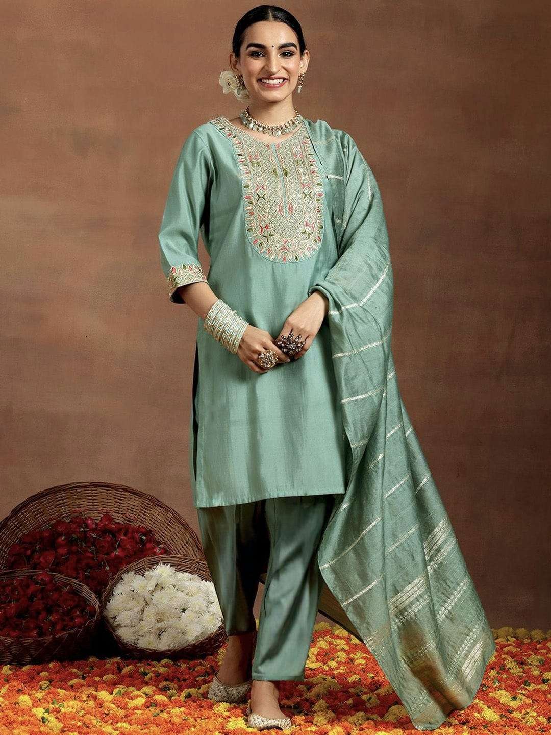 NITYA BY ASLIWHOLESALE DESIGNER PURE  CHANDERI SILK EMBROIDERY DRESSES-00264