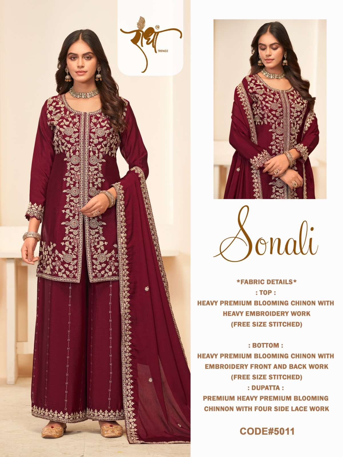RADHA TRENDZ SONALI 5011 TO 5014 SERIES PURE CHINON EMBROIDERY DRESSES-00150