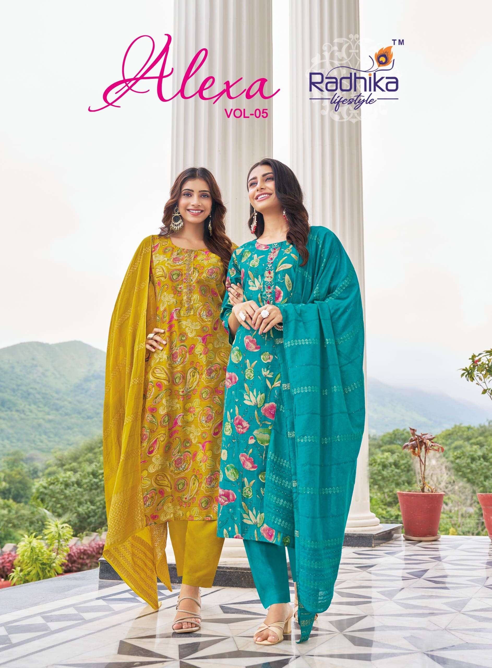 RADHIKA LIFESTYLE AELXA VOL-05 5001 TO 5006 SERIES PURE SILK FOIL PRINTED DRESSES-00140