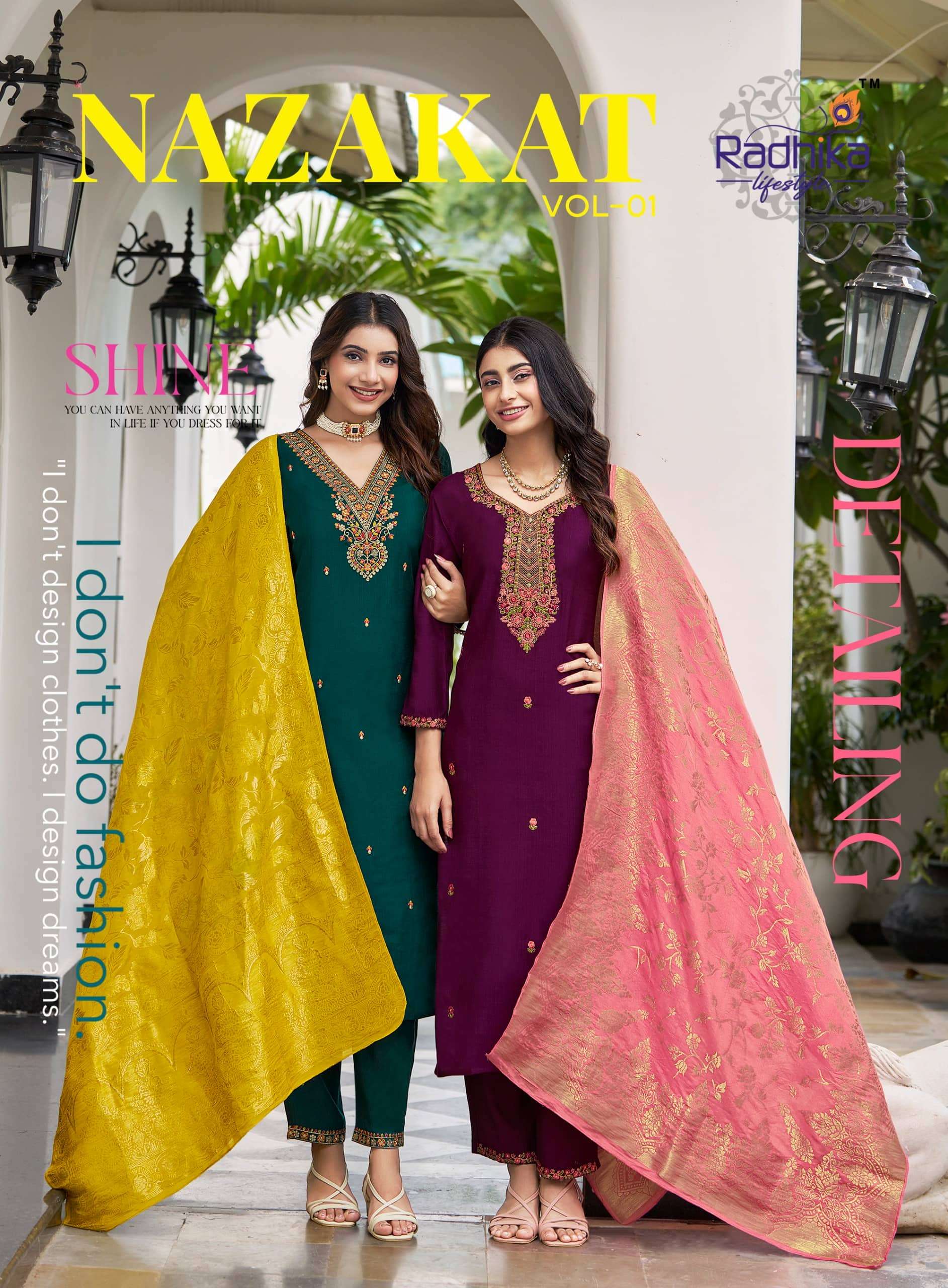 RADHIKA LIFESTYLE NAZAKAT VOL-01 1001 TO 1006 SERIES PURE SILK EMBROIDERY DRESSES-00140