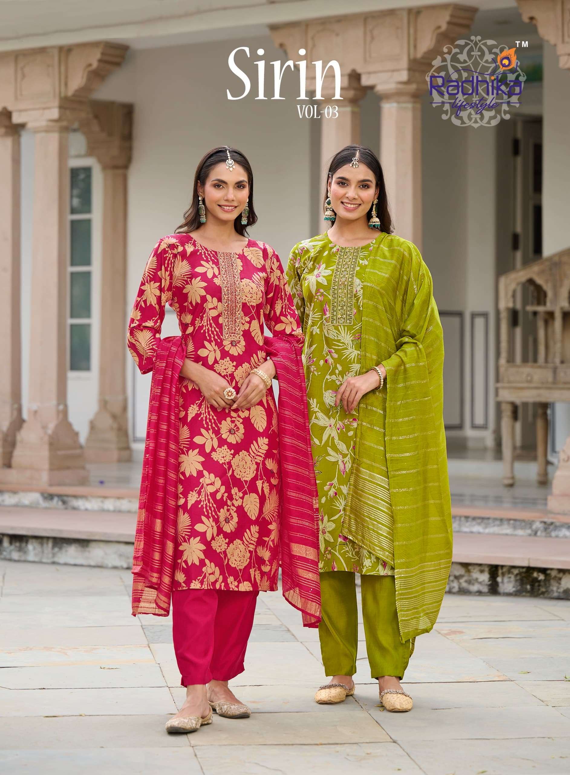 RADHIKA LIFESTYLE SIRIN VOL-03 3001 TO 3006 SERIES PURE VERTICAN FOIL PRINTED EMBROIDERY DRESSES-001...