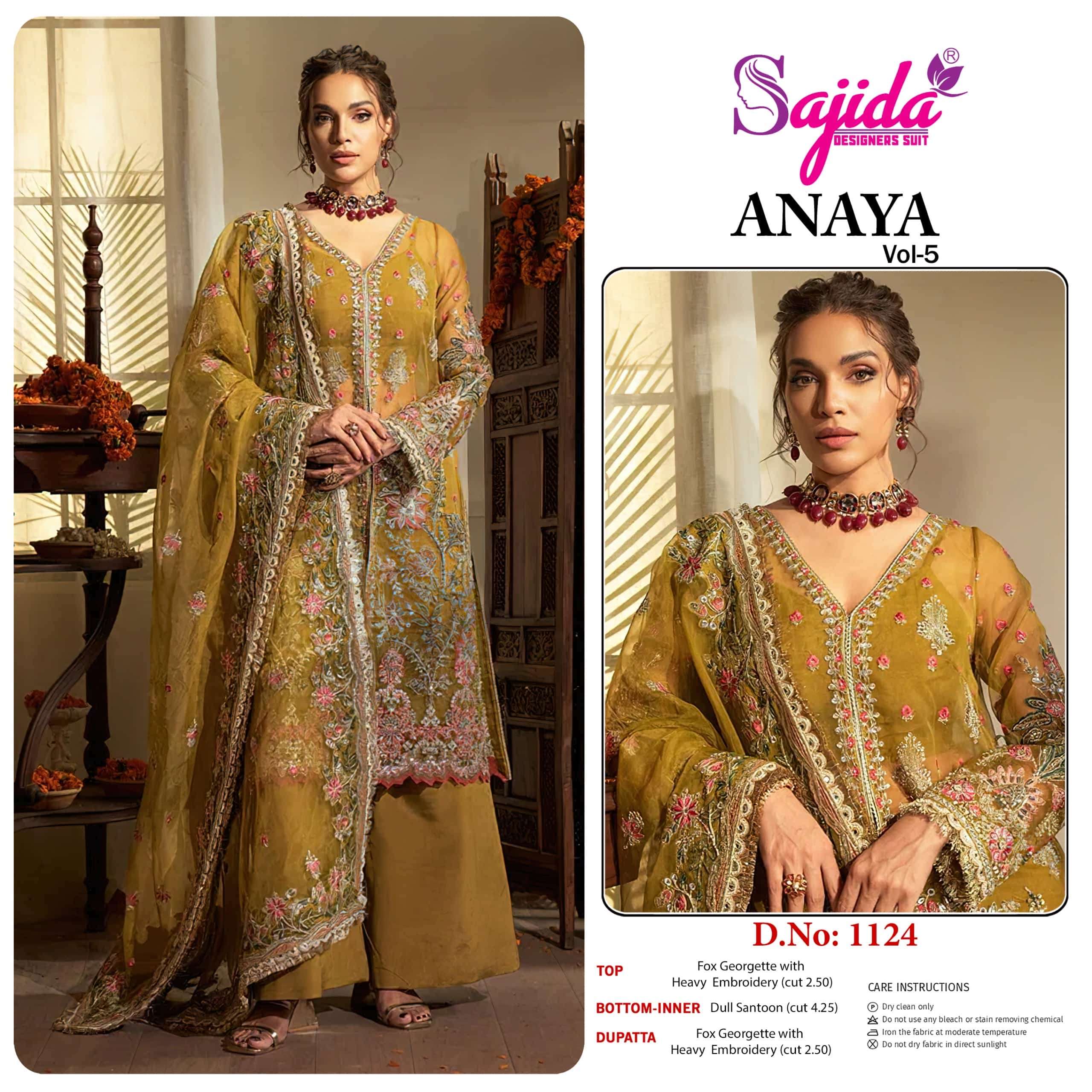 SAJIDA ANAYA VOL-05 SD-1122 TO SD-1124 SERIES PURE GEORGETTE EMBROIDERY PAKISTANI DRESSES-00201