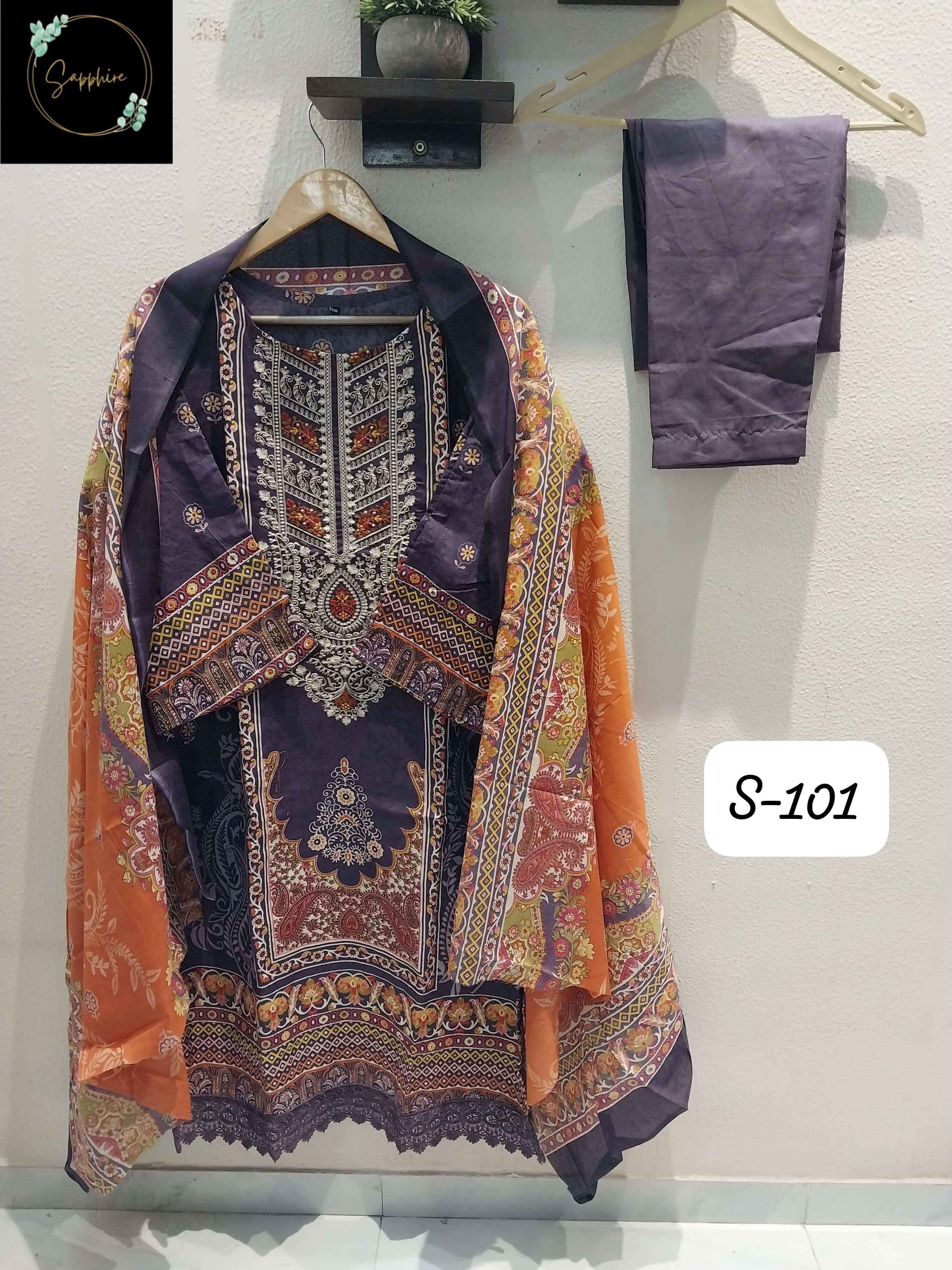 SAPPHIRE S-101 PURE COTTON PRINTED PAKISTANI EMBROIDERY PRINTED DRESSES-00272
