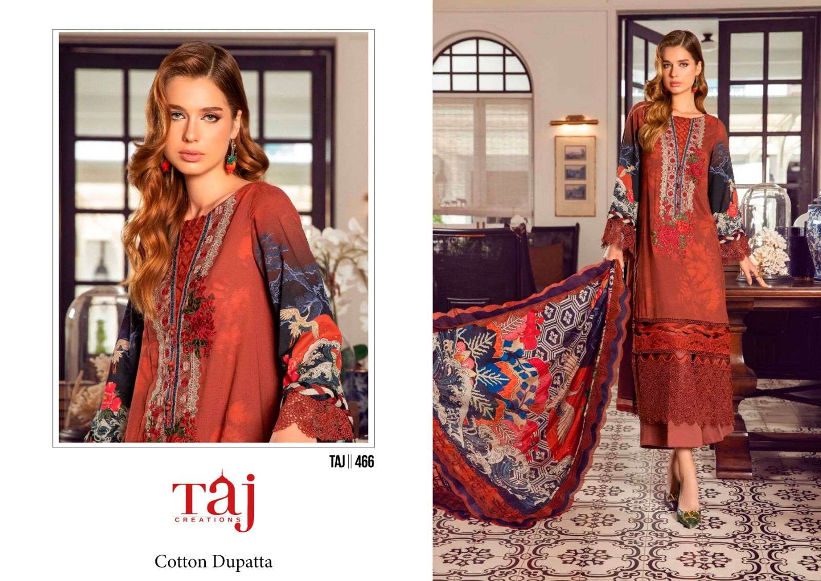 TAJ CREATION 445 OR 466 SERIES PURE COTTON PRINTED EMBROIDERY PAKISTANI DRESSES-00071