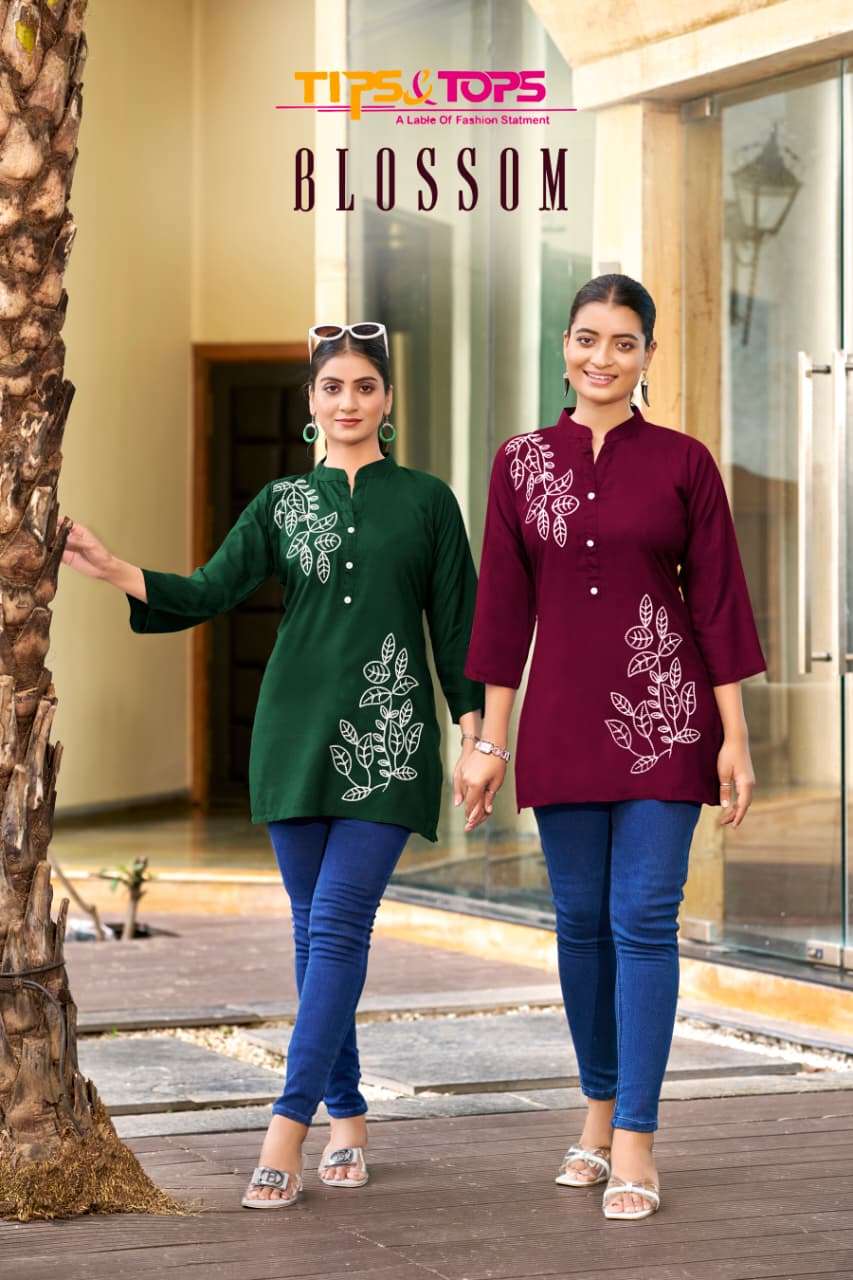 TIPS AND TOPS BLOSSOM PURE 1001 TO 1006 SERIS PURE RAYON EMBROIDERY KURTIS-00140