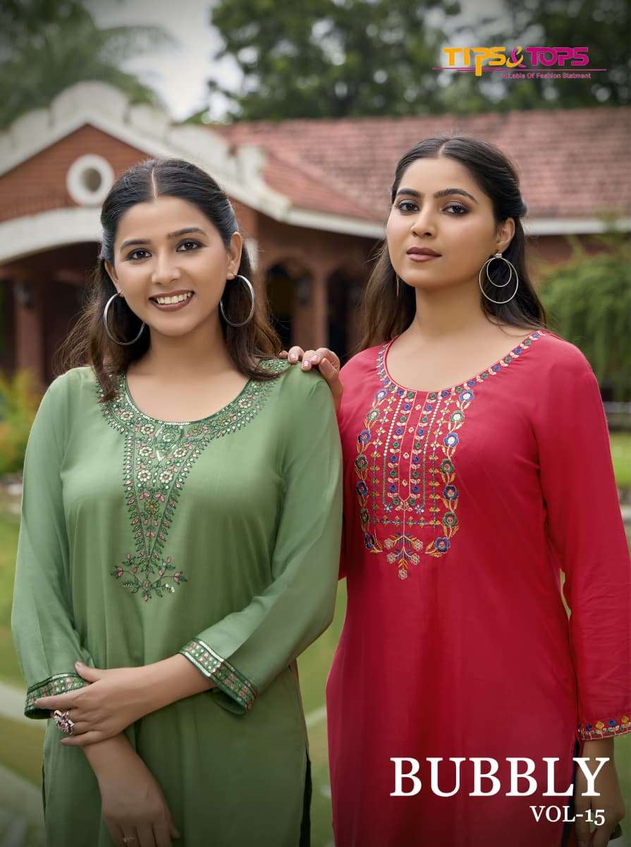 TIPS AND TOPS BUBBLY VOL-15 1001 TO 1009 SERIES PURE RAYON EMBROIDERY KURTIS-00140