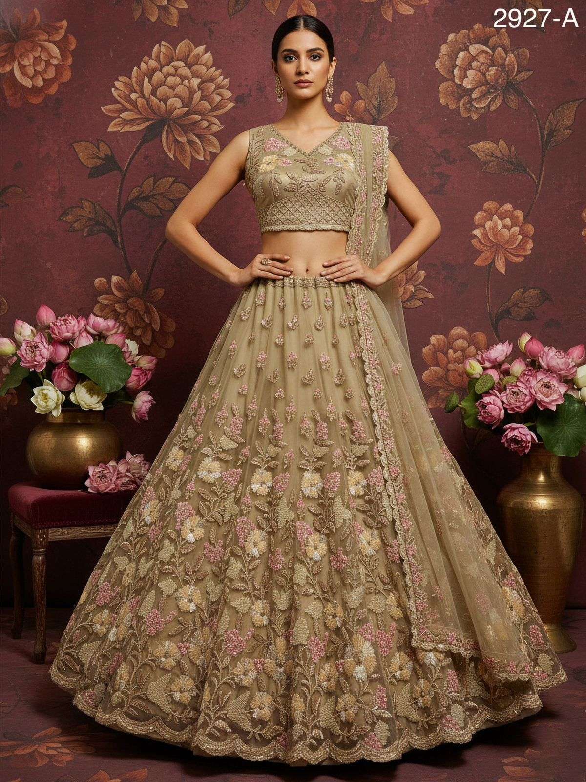 2927 HIT COLOUR BY ASLIWHOLESALE DESIGNER PURE NET HANDWORK LEHENGAS-00130