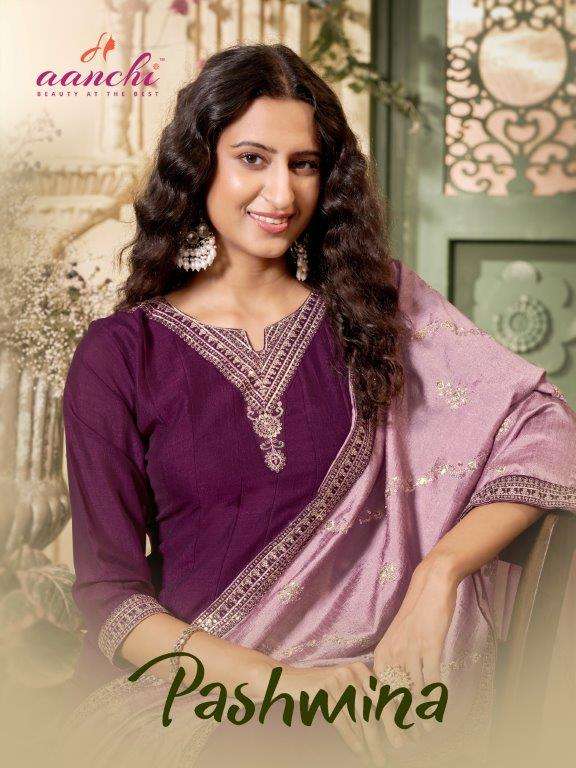 AANCHI PASHMINA 1001 TO 1004 SERIES PURE VICHITRA SILK EMBROIDERY DRESSES-00286