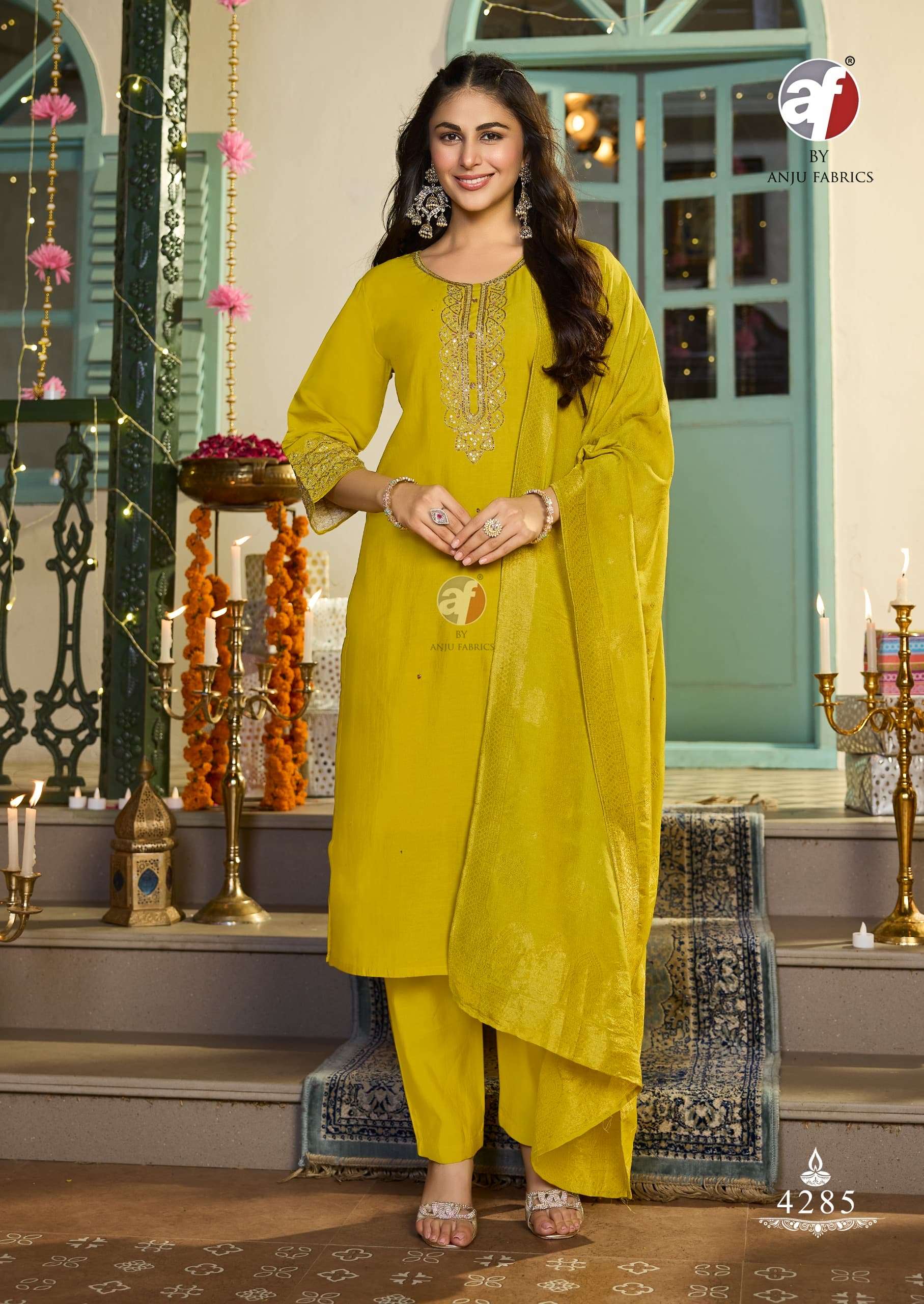 ANJU FABRIC SHARARAT VOL-09 4281 TO 4285 SERIES PURE MODAL SILK EMBROIDERY DRESSES-00140