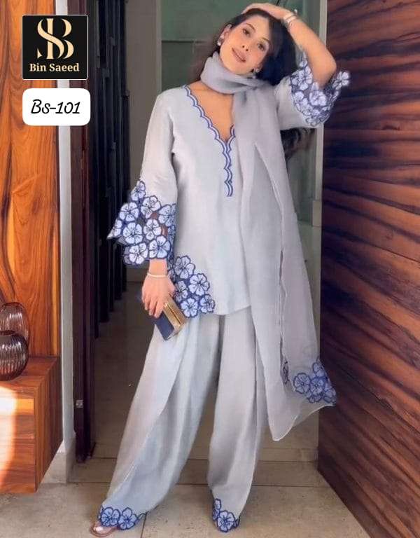 BIN SAEED BS-101 BY ASLIWHOLESALE DESIGNER PURE CREPE EMBROIDERY DRESSES-00272