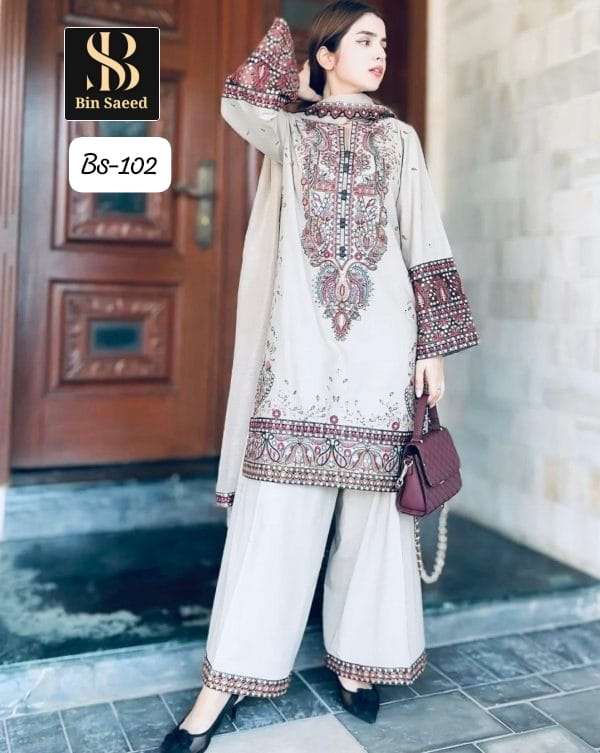 BIN SAEED BS-102 BY ASLIWHOLESALE DESIGNER PURE ROMAN SILK COTTON EMBROIDERY DRESSES-00272