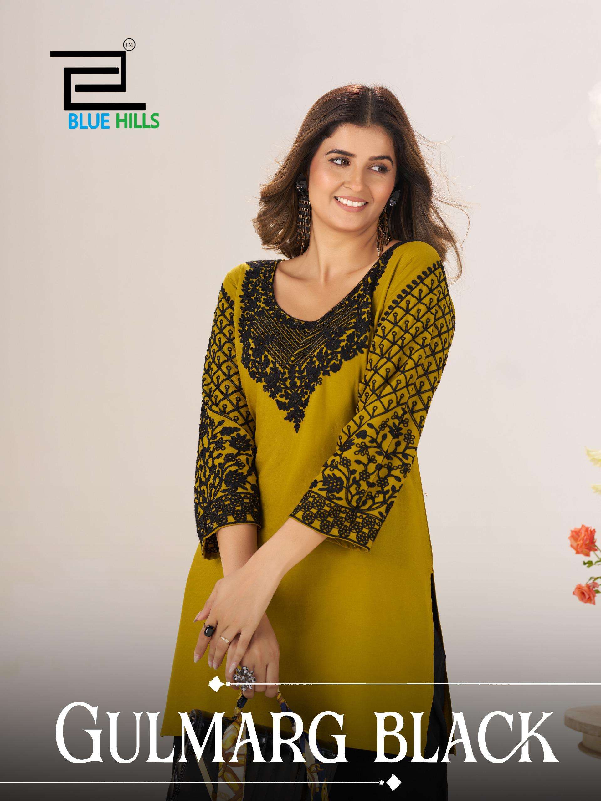 BLUE HILLS GULMARG BLACK 1001 TO 1004 SERIES PURE RAYON STITCH WORK TUNICS-00099
