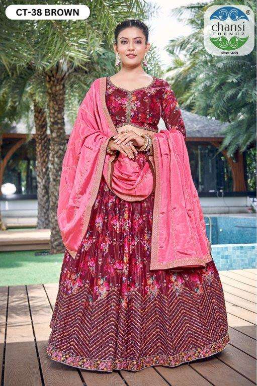 CHANSI TRENDZ 38 SERIES PURE CHINON SILK EMBROIDERY PRINTED LEHENGAS-00303