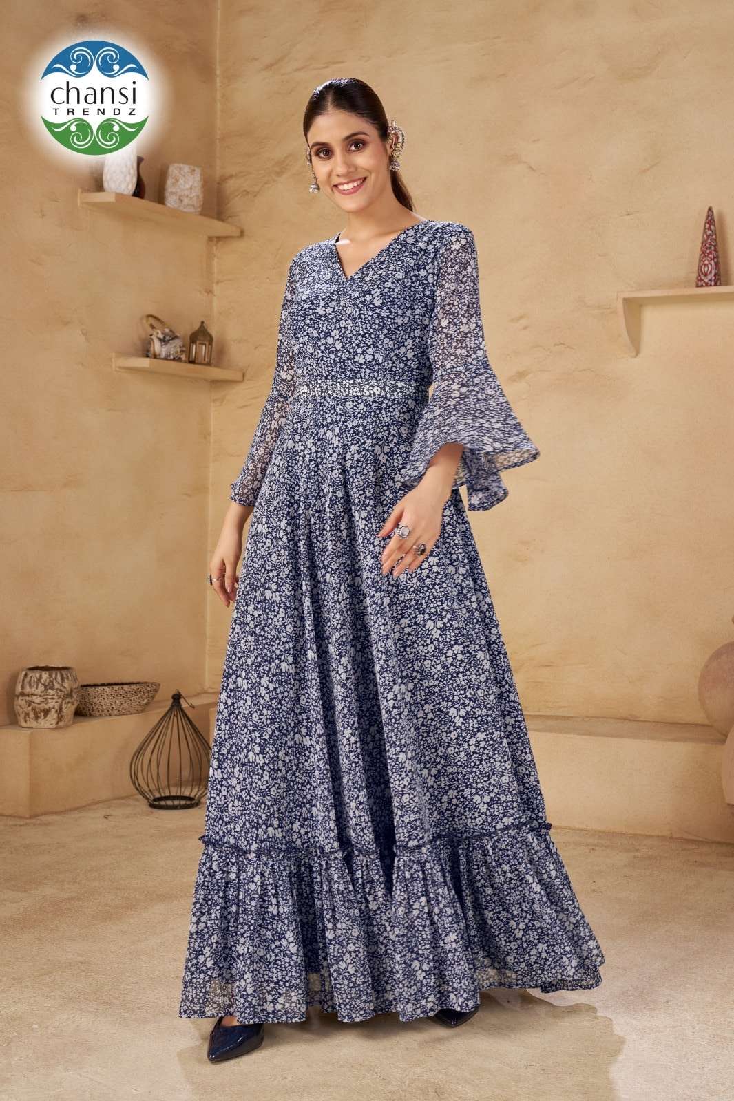 CHANSI TRENDZ PADMAVATI PURE GORGETTE PRINTED GOWN-00303