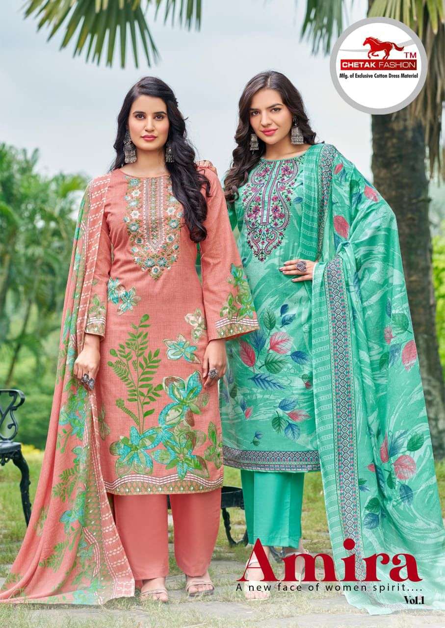 CHETAK FASHION AMIRA VOL-01 1001 TO 1008 SERIES PURE COTTON PRINTED EMBROIDERY PAKISTANI DRESSES-000...