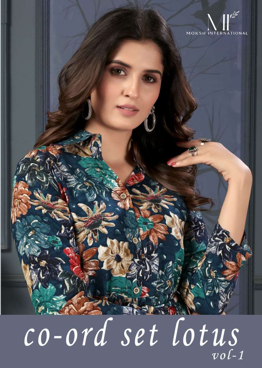 CO-ORD SET LOTUS VOL-01 BY MOKSH INTERNATIONAL 846 TO 850 SERIES PURE RAYON PRINTED CO-ORD SET-00154