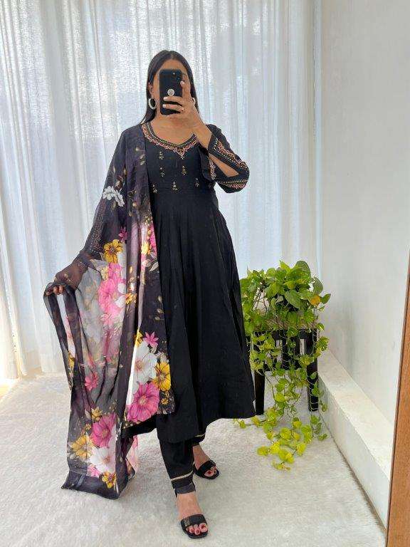 DN-424 BY ASLIWHOLESALE DESIGNER PURE ROMAN SILK EMBROIDERY DRESSES-00232