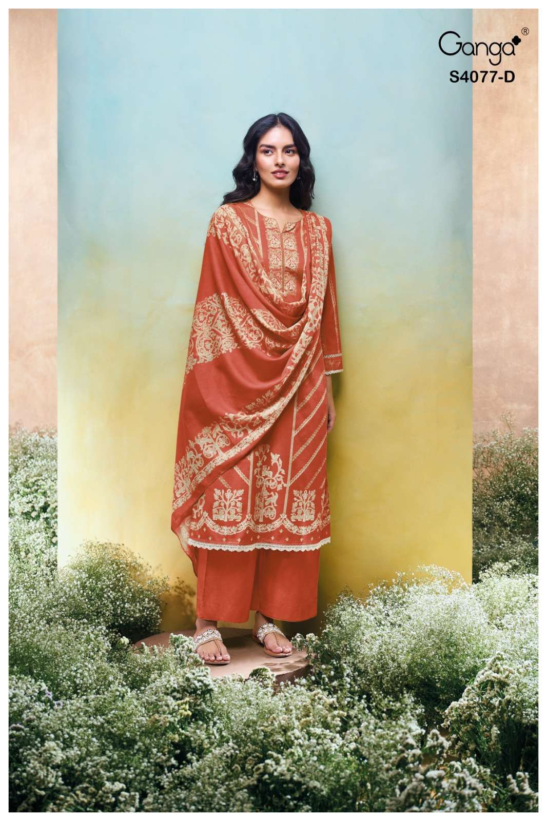 GANGA FASHION CEYONI S4077-A TO S-4077-D SERIES PURE PASHMINA PRINTED EMBROIDERY DRESSES-00252