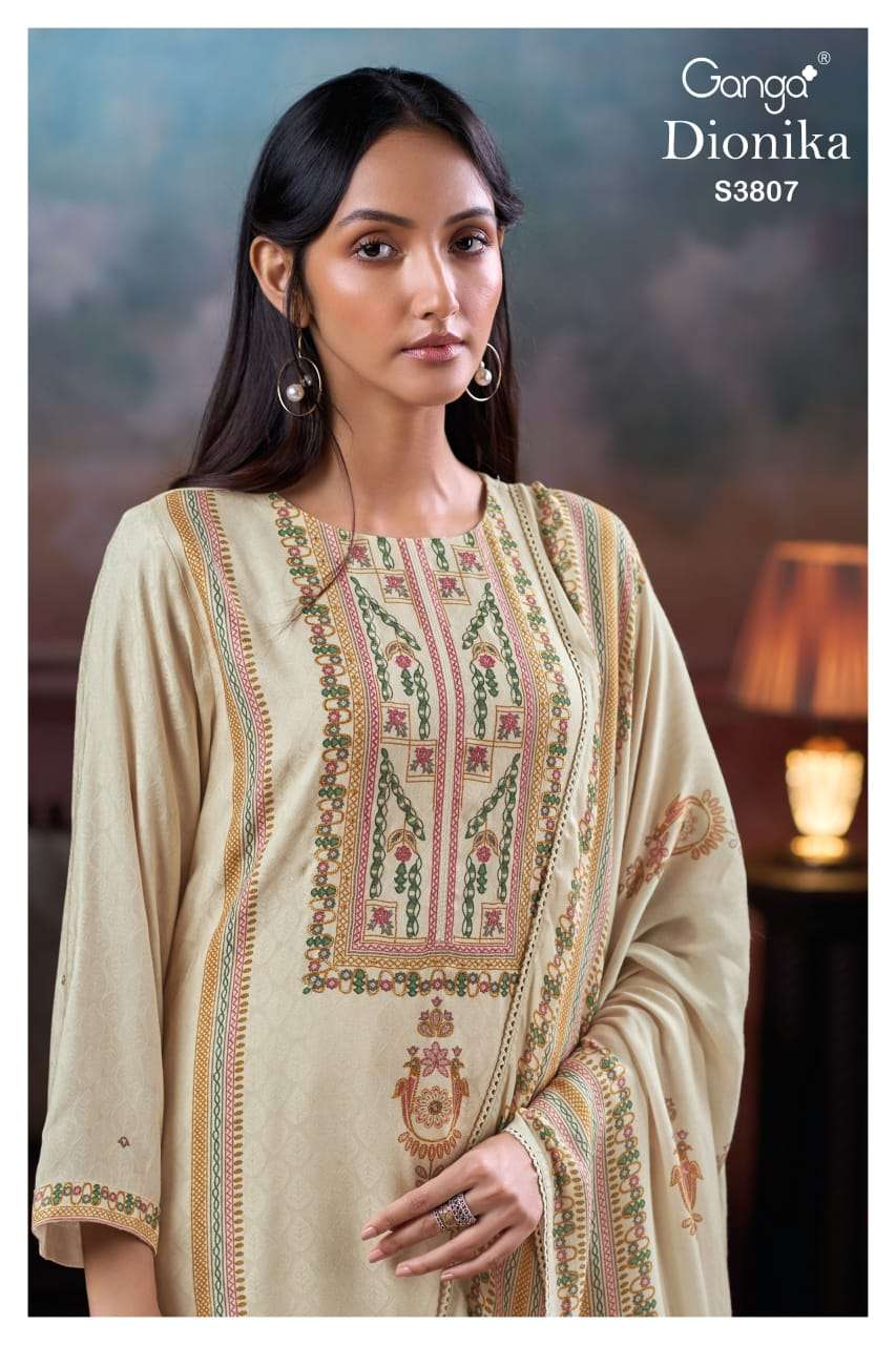 GANGA FASHION DIONIKA S-3807 SERIES PURE PASHMINA PRINTED EMBROIDERY PAKISTANI DRESSES-00252