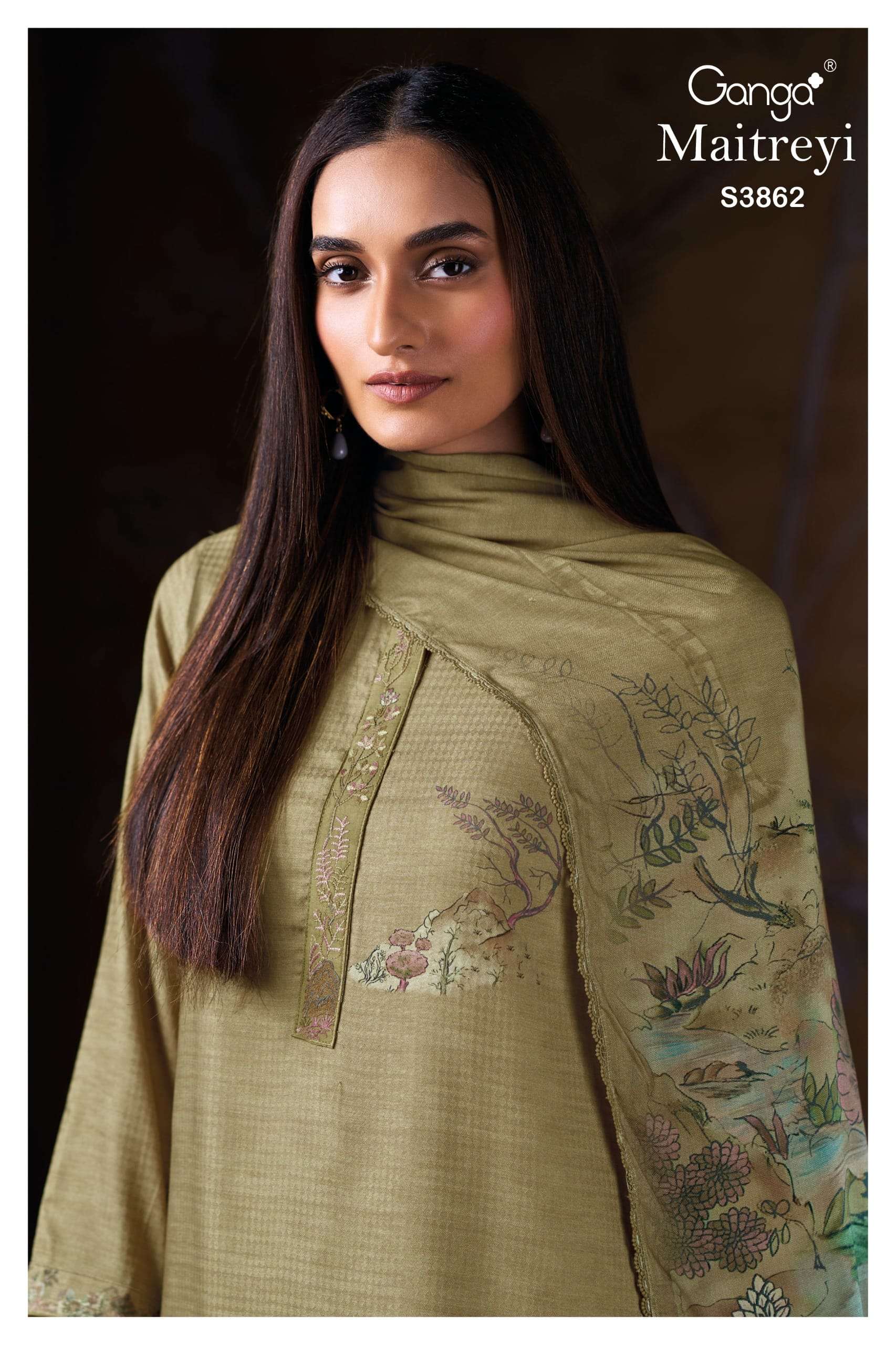 GANGA FASHION MAITREYI S-3862 A TO D SERIES PURE PASHMINA PRINTED DRESSES-00252