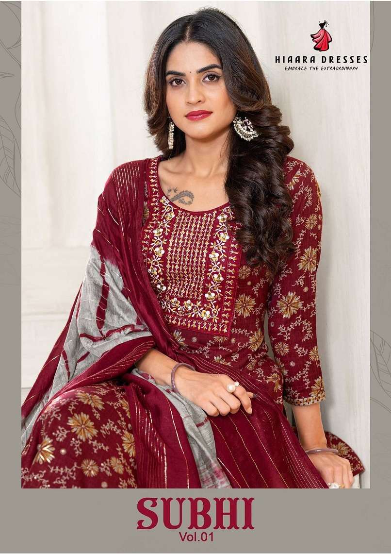 HIAARA SUBHI VOL-1 1001 TO 1008 SERIES PURE RAYON EMBROIDERY PRINTED DRESSES-00015