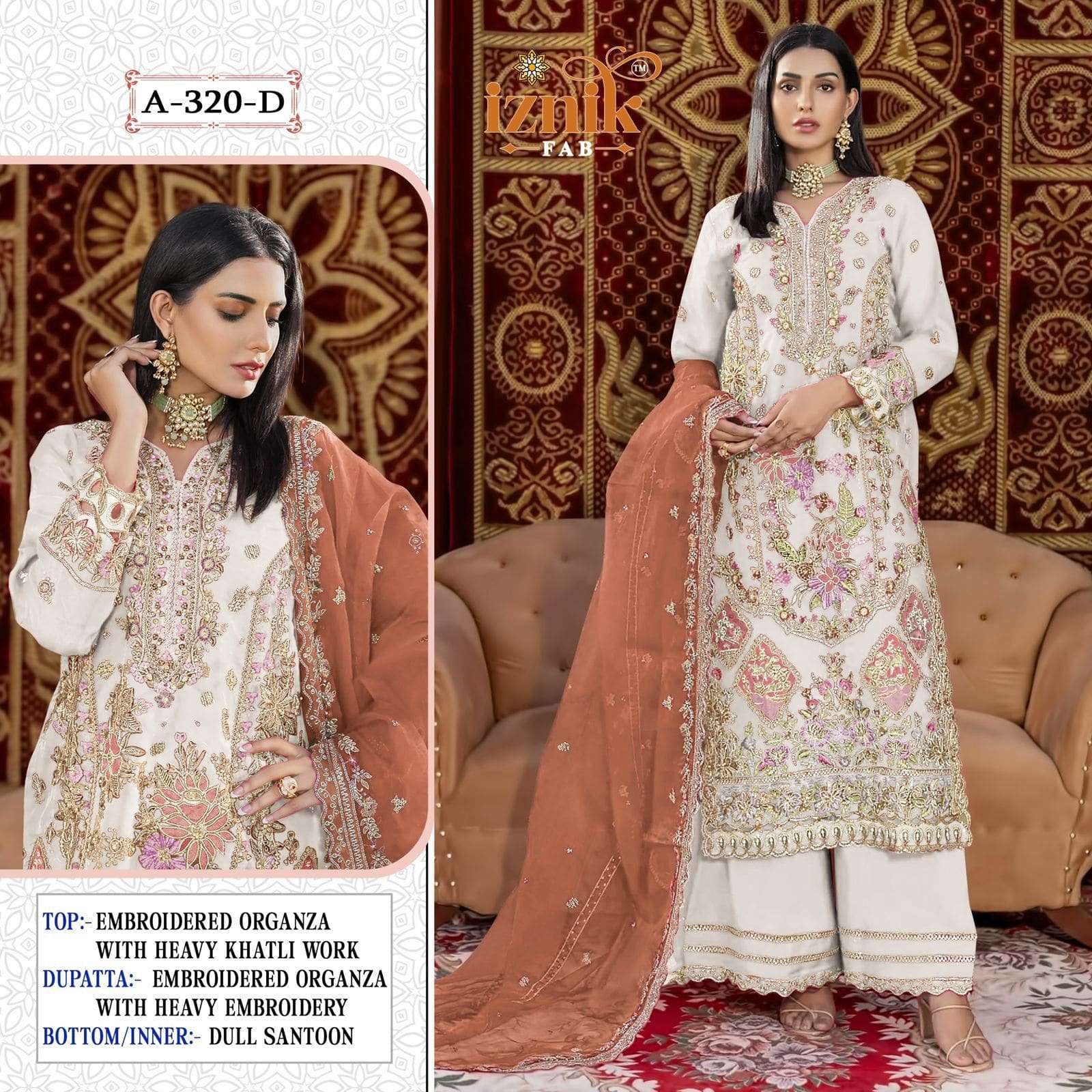 IZNIK A-320 A TO D SERIES PURE ORGANZA EMBROIDERY PAKISTANI DRESSES-00201