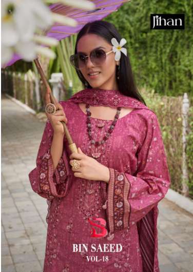 JIHAN BIN SAEED VOL-18 3567 TO 3570 SERIES HEAVY EMBROIDERY LAWN PRINTED PAKISTANI DRESSES-00201