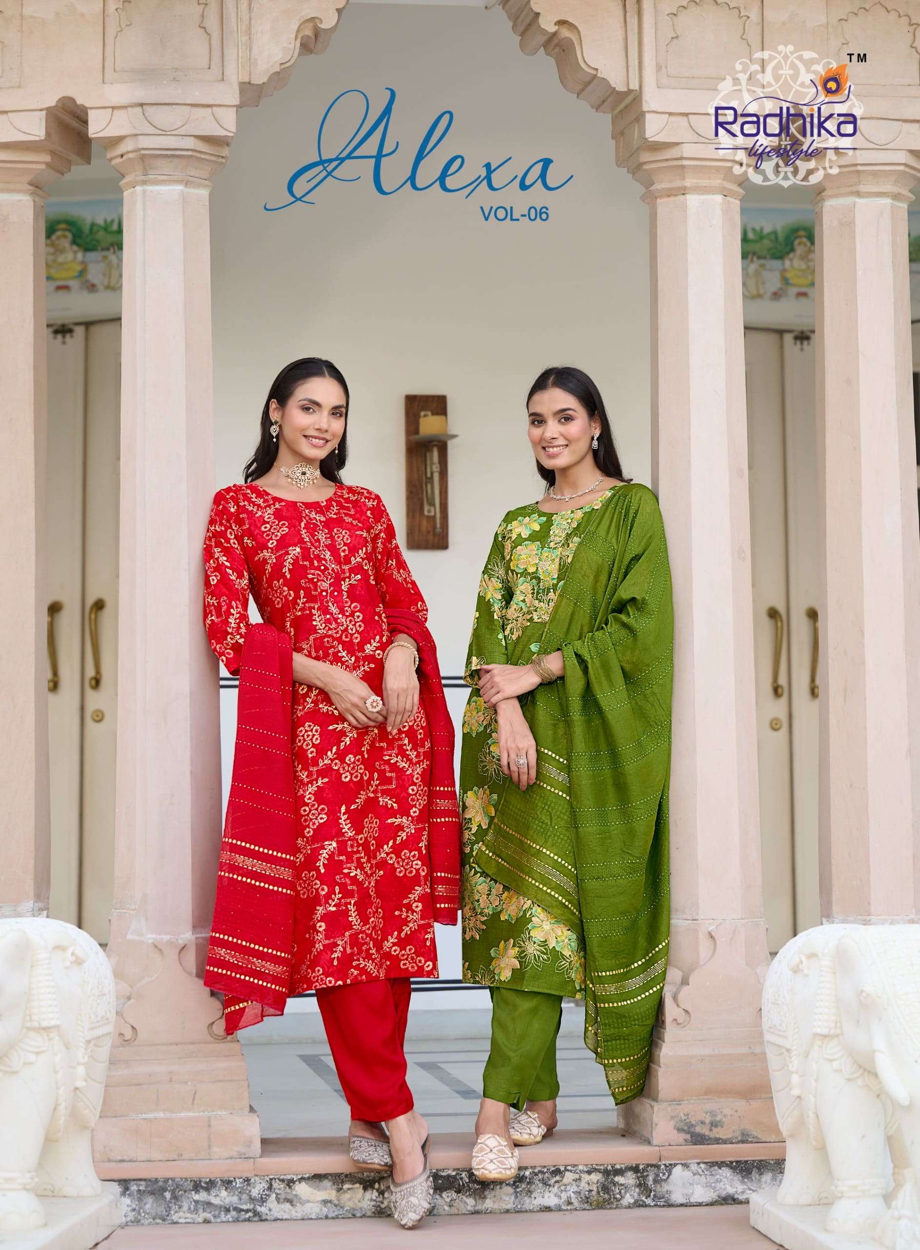 RADHIKA LIFESTYLE ALEXA VOL-06 6001 TO 6006 SERIES PURE VERTICAN SILK PRINTED DRESSES-00140