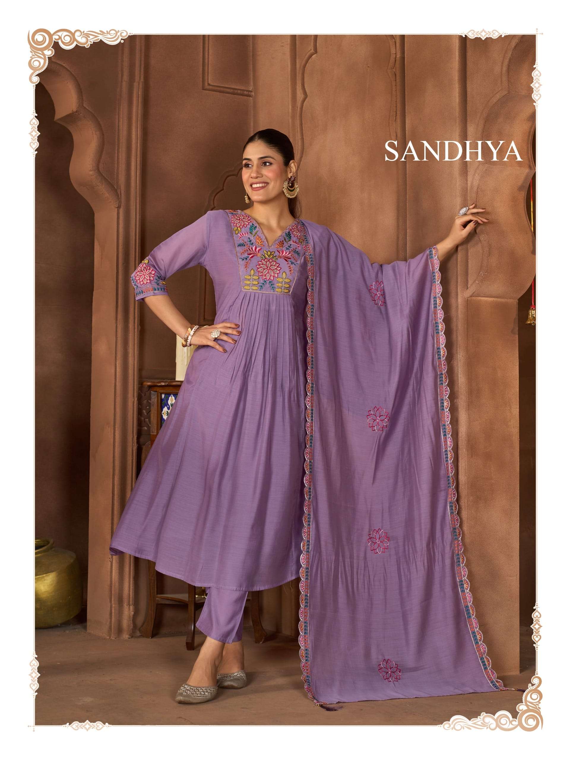 SANDHYA BY ASLIWHOLESALE DESIGNER PURE CHANDERI SILK EMBROIDERY DRESSES-00401
