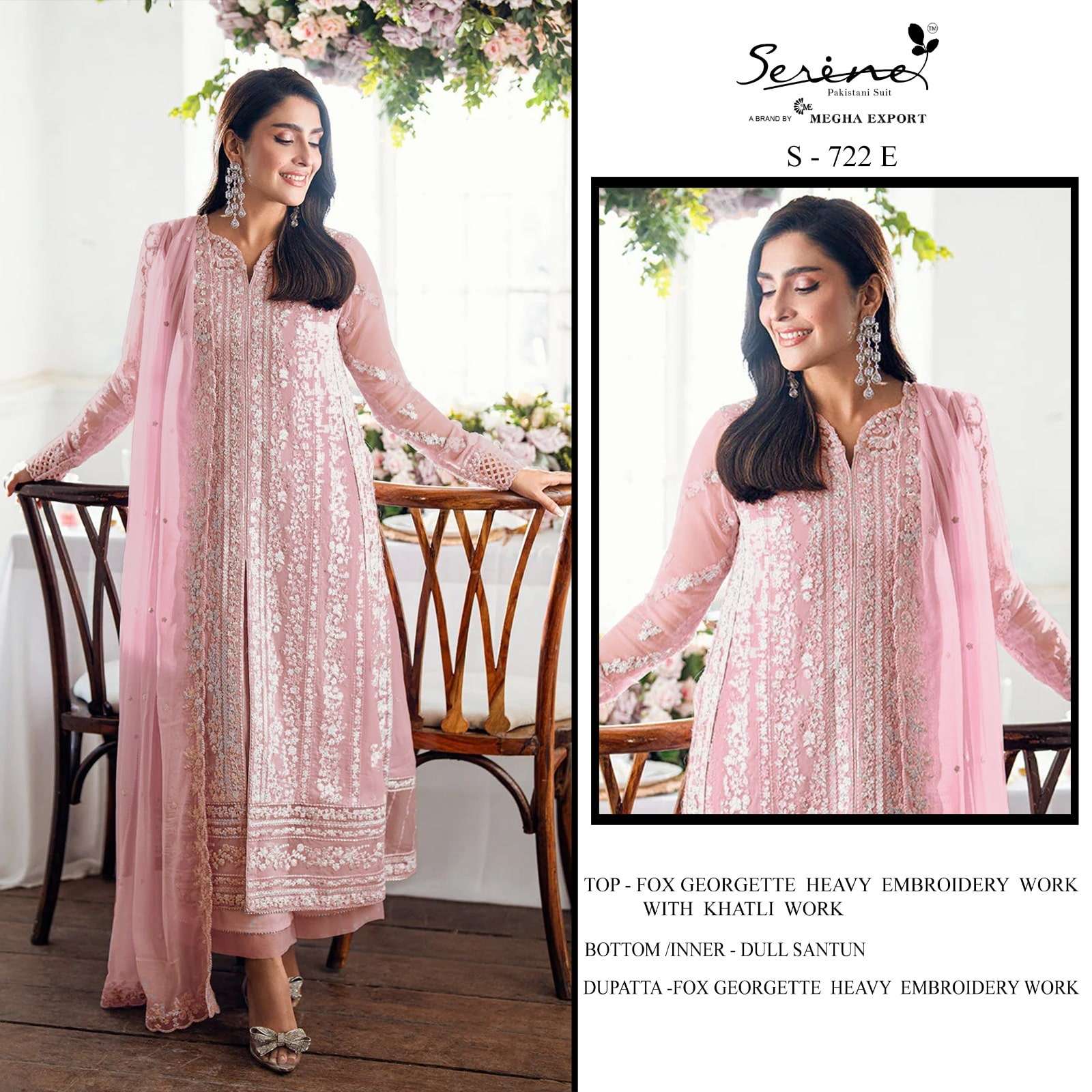 SERENE S-722 E TO H SERIES PURE FAUX GEORGETTE EMBROIDERY PAKISTANI DRESSES-00201