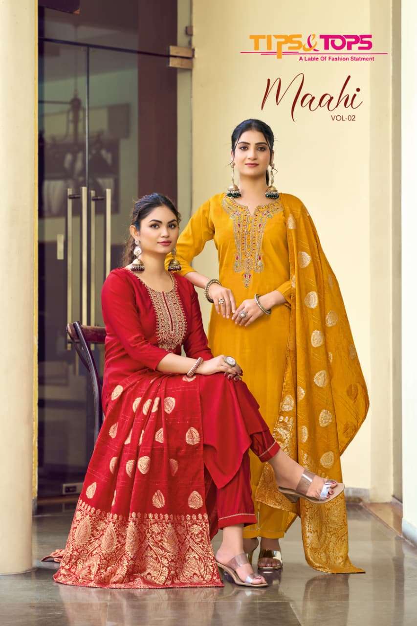 TIPS AND TOPS MAAHI VOL-02 1001 TO 1006 SERIES PURE ROMAN SILK EMBROIDERY DRESSES-00014