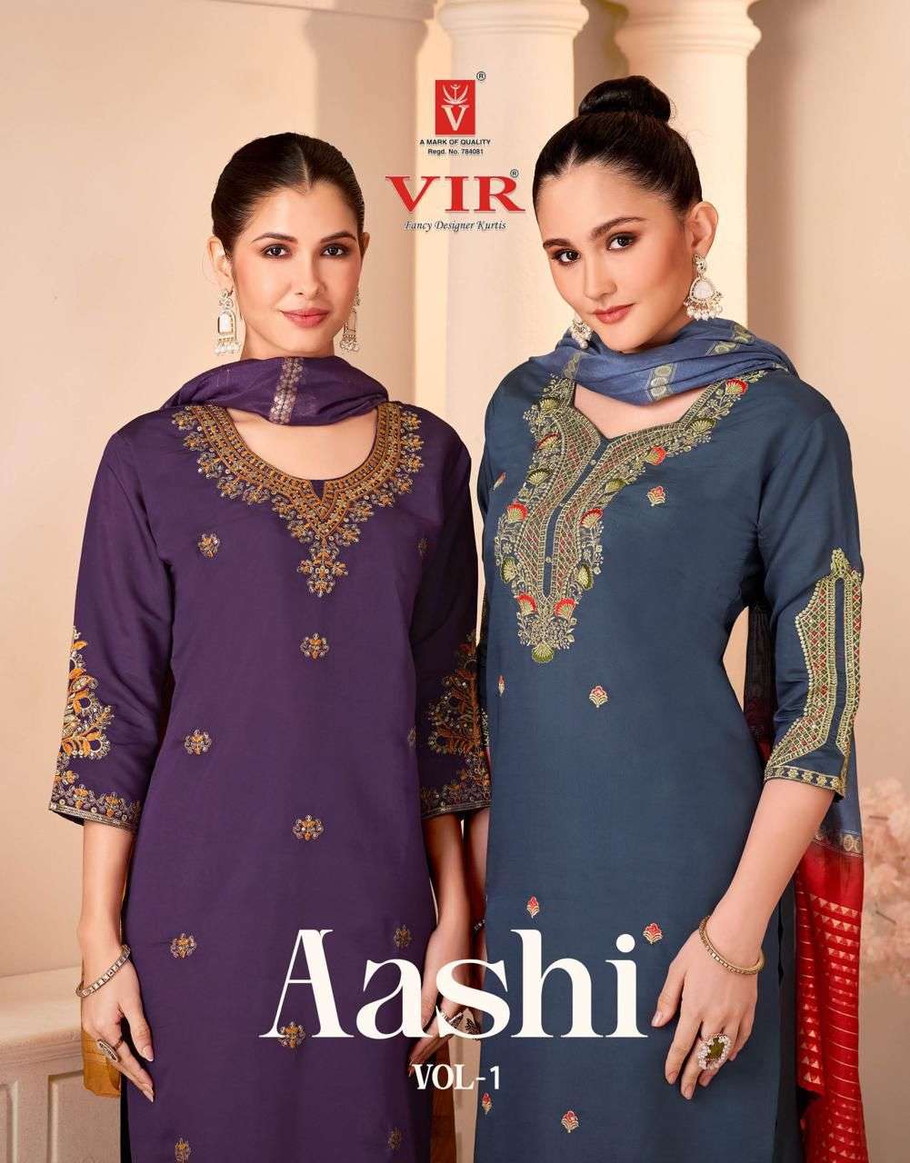 VIR AASHI VOL-01 1001 TO 1008 SERIES PURE ROMAN EMBROIDERY DRESSES-00140