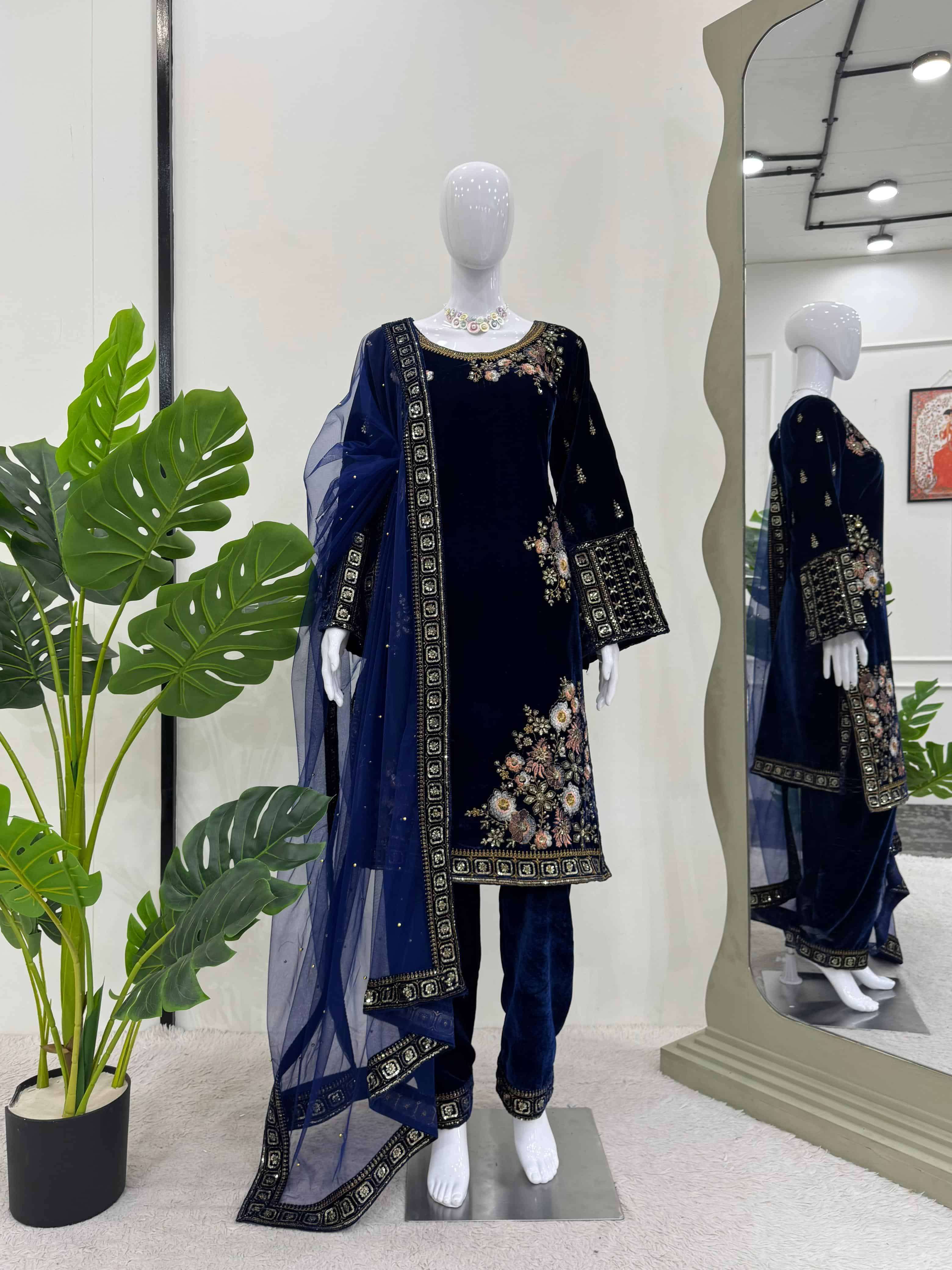 1488 HIT COLOUR BY ASLIWHOLESALE DESIGNER PURE VELVET EMBROIDERY DRESSES-00241