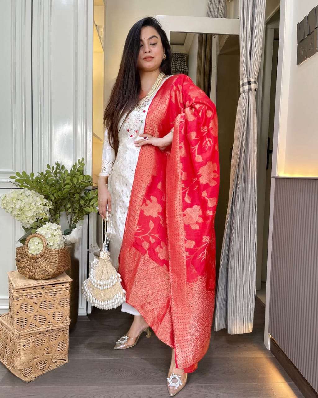 185 SERIES BY ASLIWHOLESALE DESIGNER PURE CHANDERI EMBROIDERY DRESSES-00293