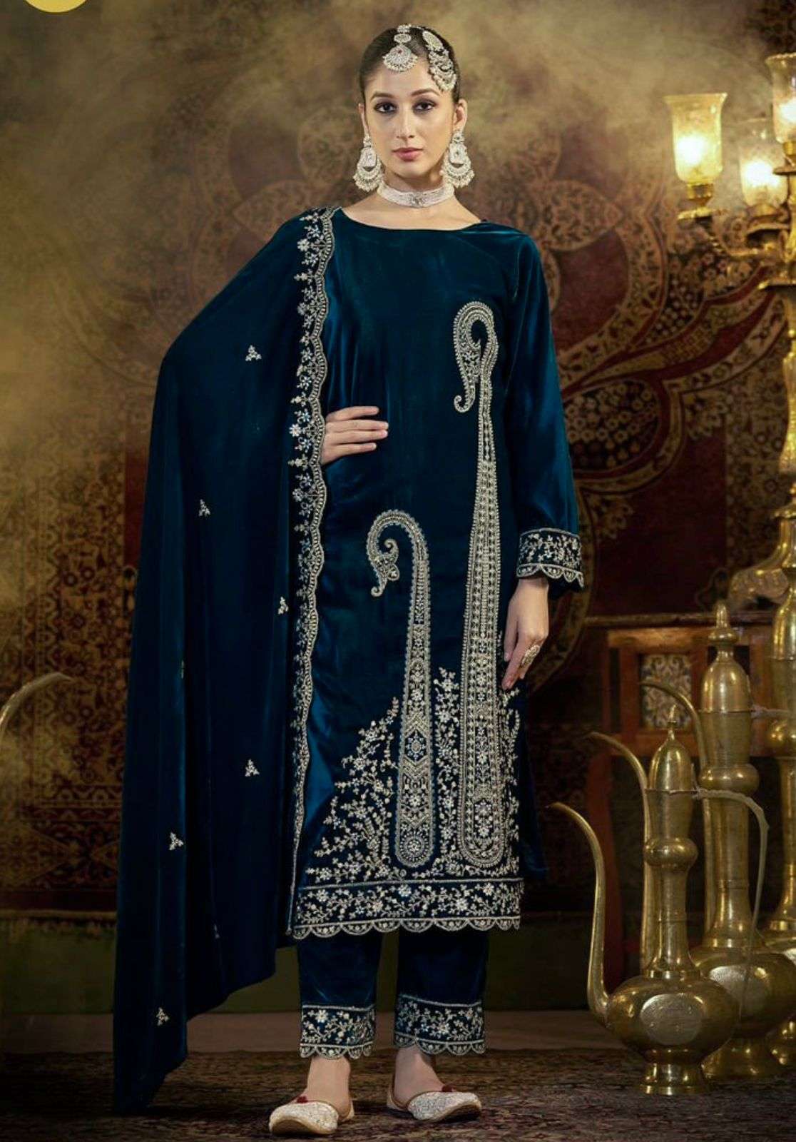 5218 HIT COLOUR BY ASLIWHOLESALE DESIGNER PURE VISCOSE VELVET EMBROIDERY DRESSES-00262