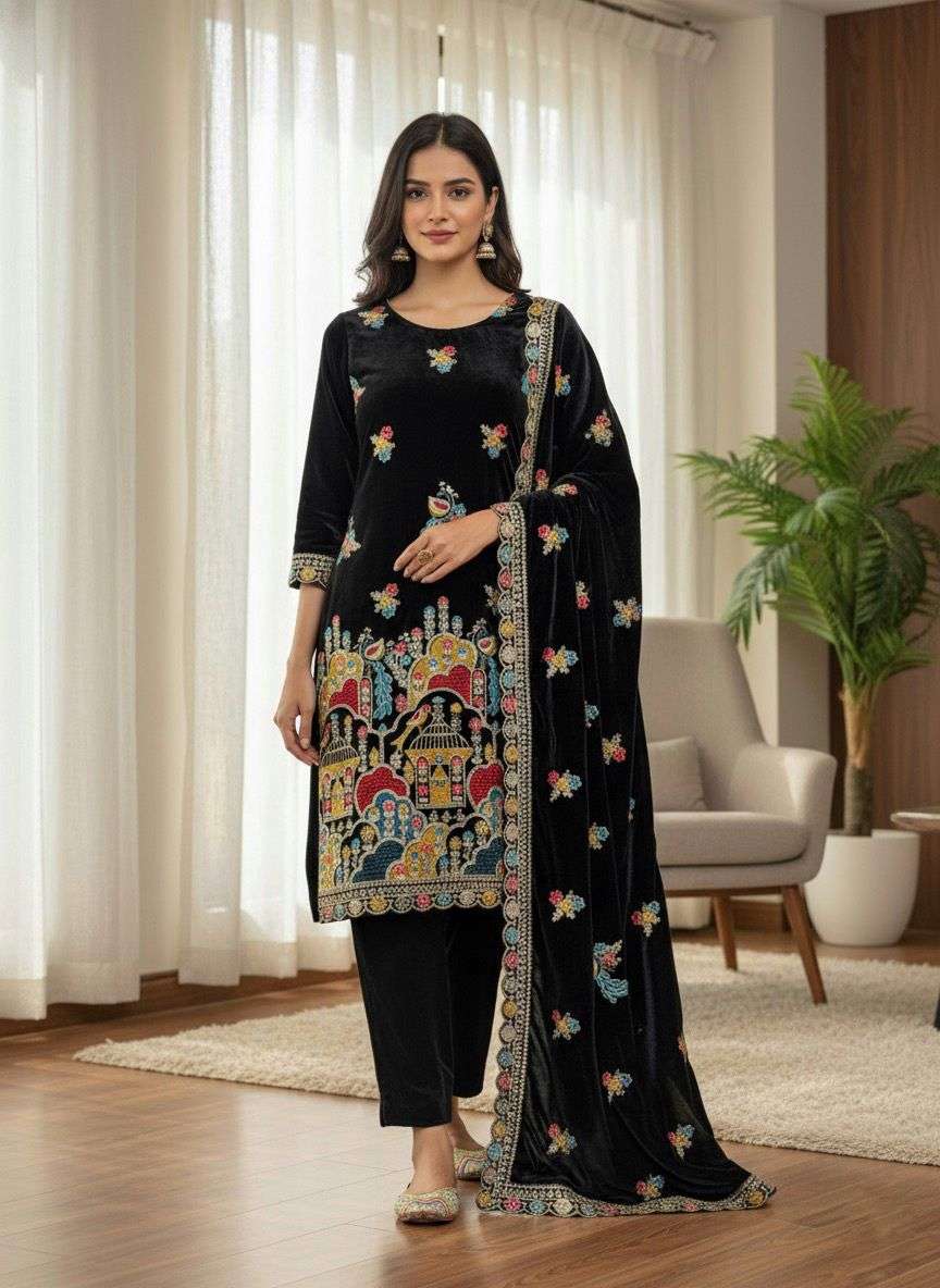 5220 HIT COLOUR BY ASLIWHOLESALE DESIGNER PURE VELVET EMBROIDERY DRESSES-00262