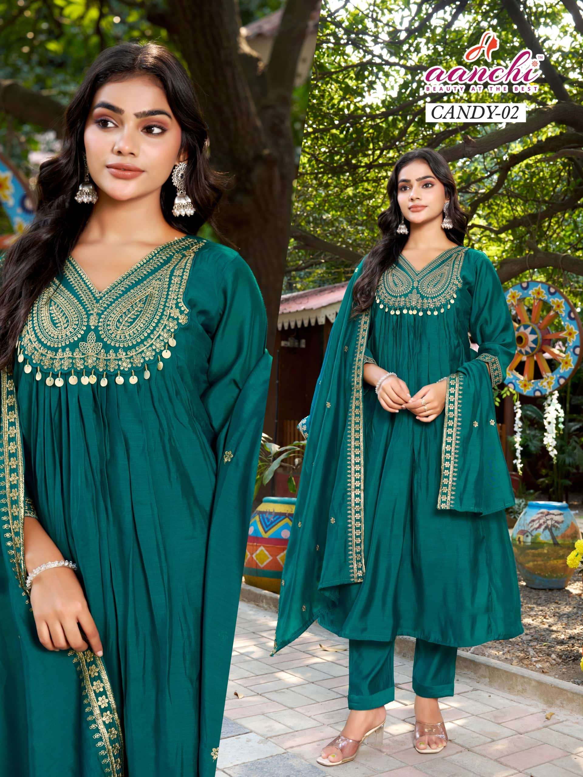 AANCHI CANDY 01 TO 05 SERIES PURE CHANDERI EMBROIDERY DRESSES-00286