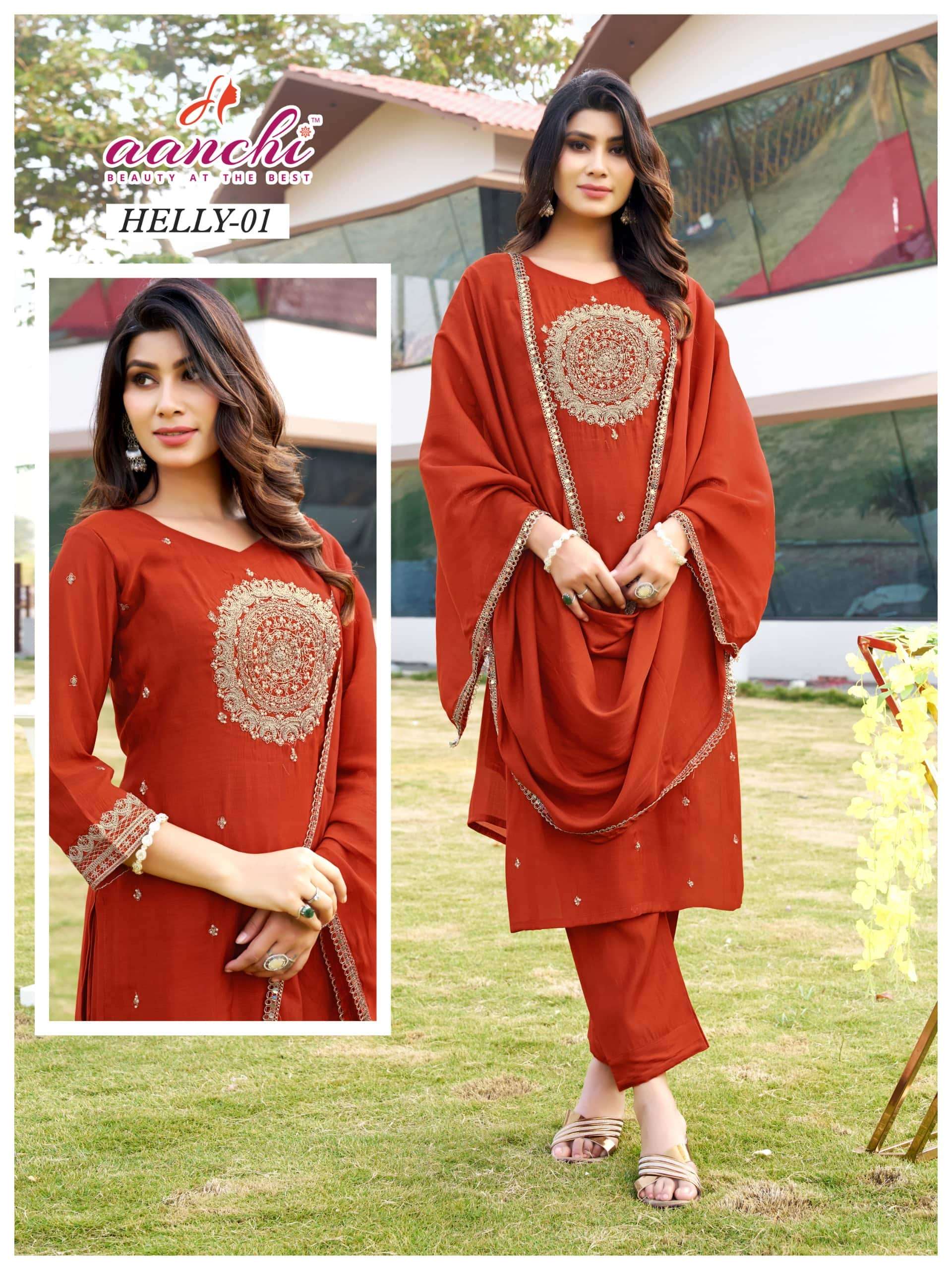 AANCHI HELLY 01 TO 04 SERIES PURE CHANDERI EMBROIDERY DRESSES-00286