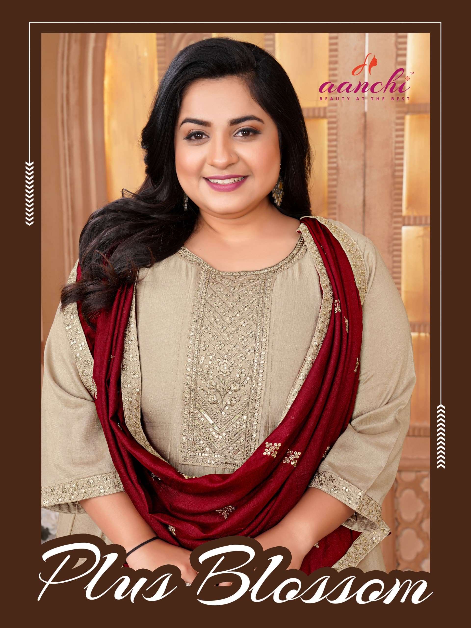 AANCHI PLUS BLOSSOM PURE VICHITRA SILK EMBROIDERY DRESSES-00286